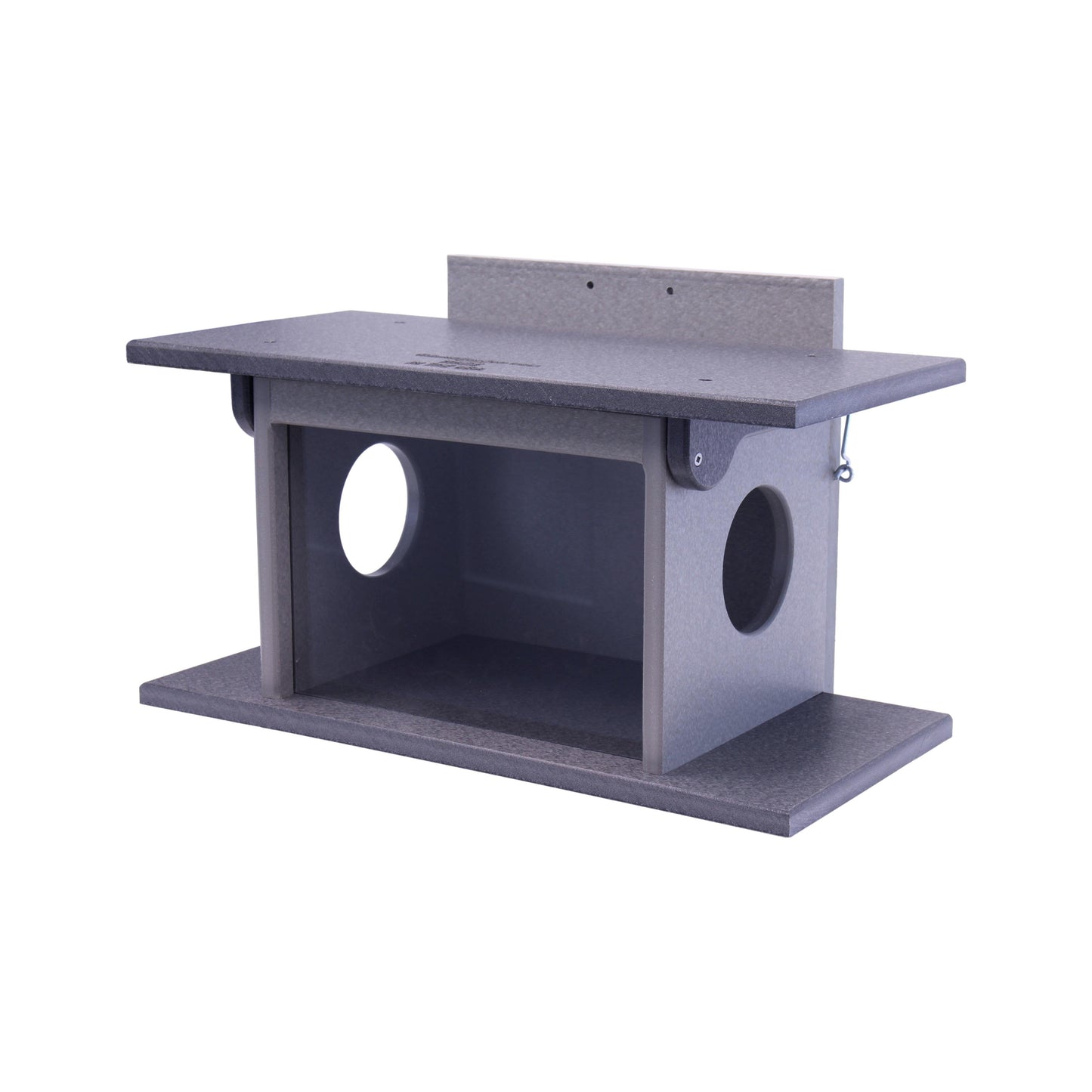 Amish-made squirrel corn feeder mounted on a post, crafted from poly lumber, designed to feed and attract squirrels naturally.