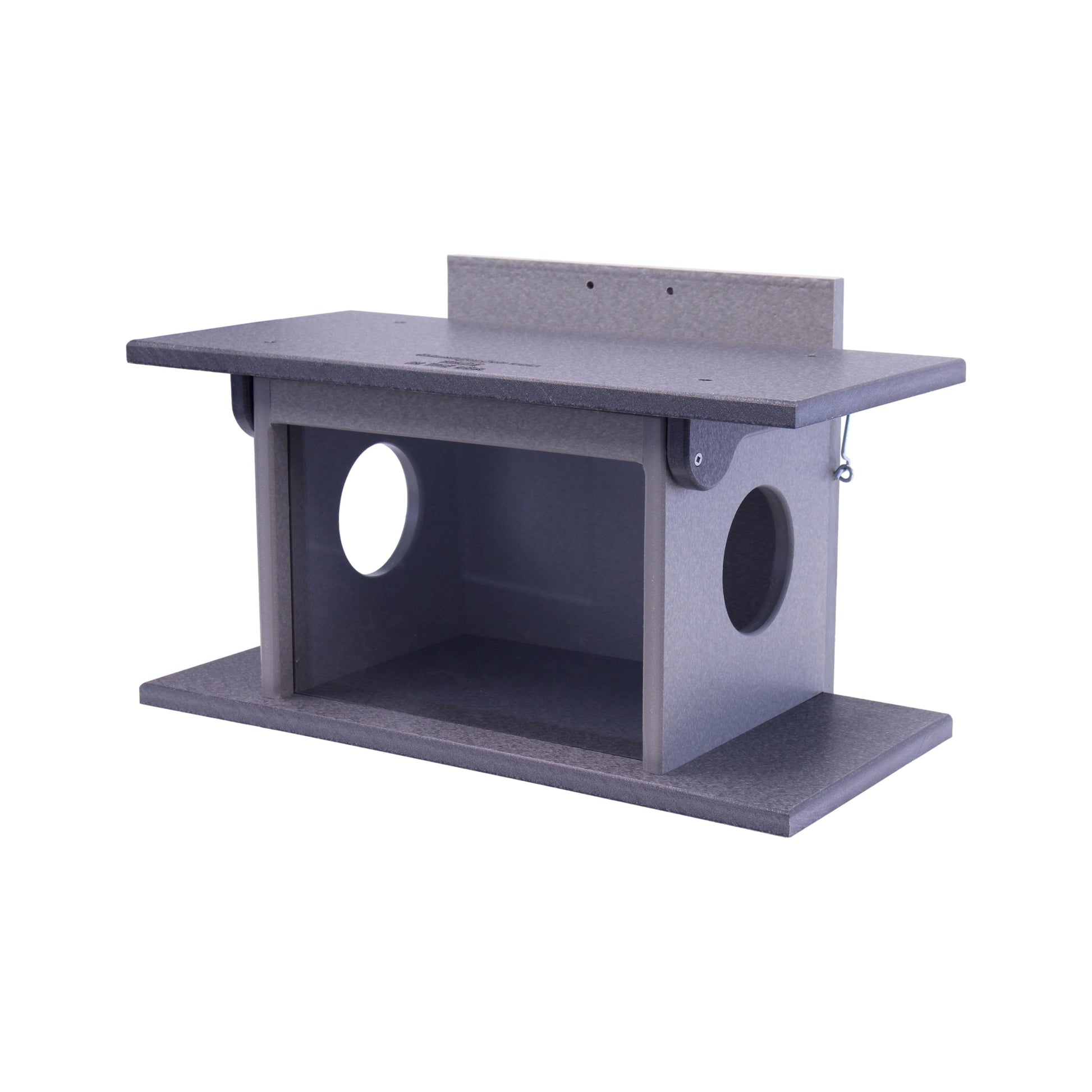Amish-made squirrel corn feeder mounted on a post, crafted from poly lumber, designed to feed and attract squirrels naturally.