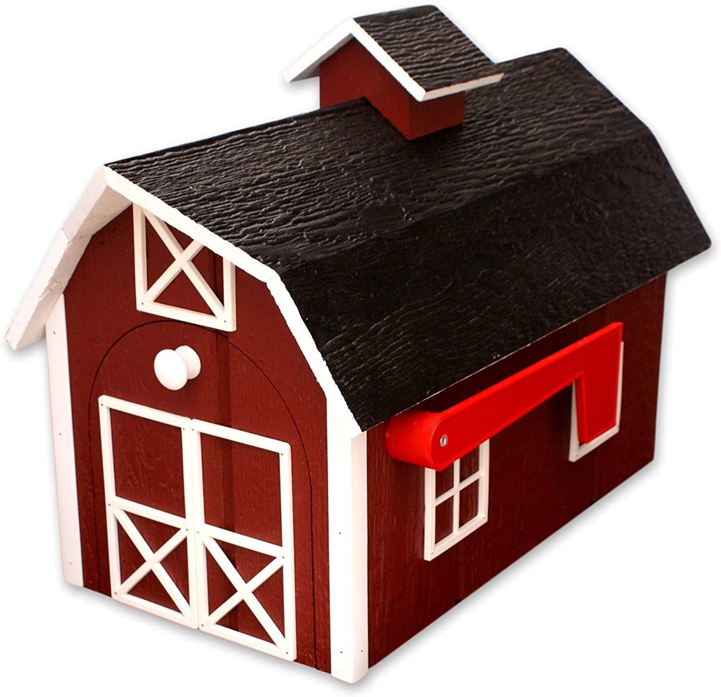 Amish-made wooden Dutch barn style mailbox mounted on a post, handcrafted from natural wood for home improvement.