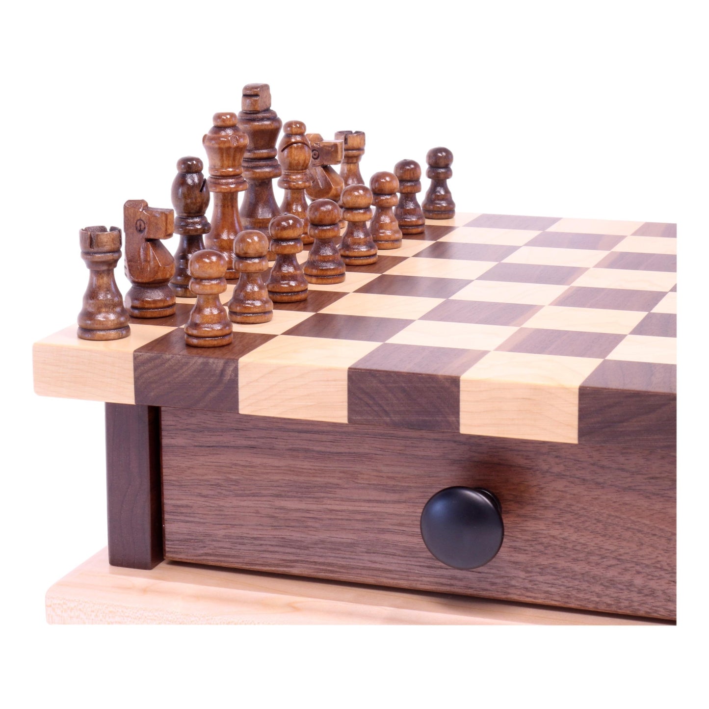 Wooden Deluxe Chess and Checkers game board with pullout drawer, crafted from wood, featuring detailed game pieces and classic design.