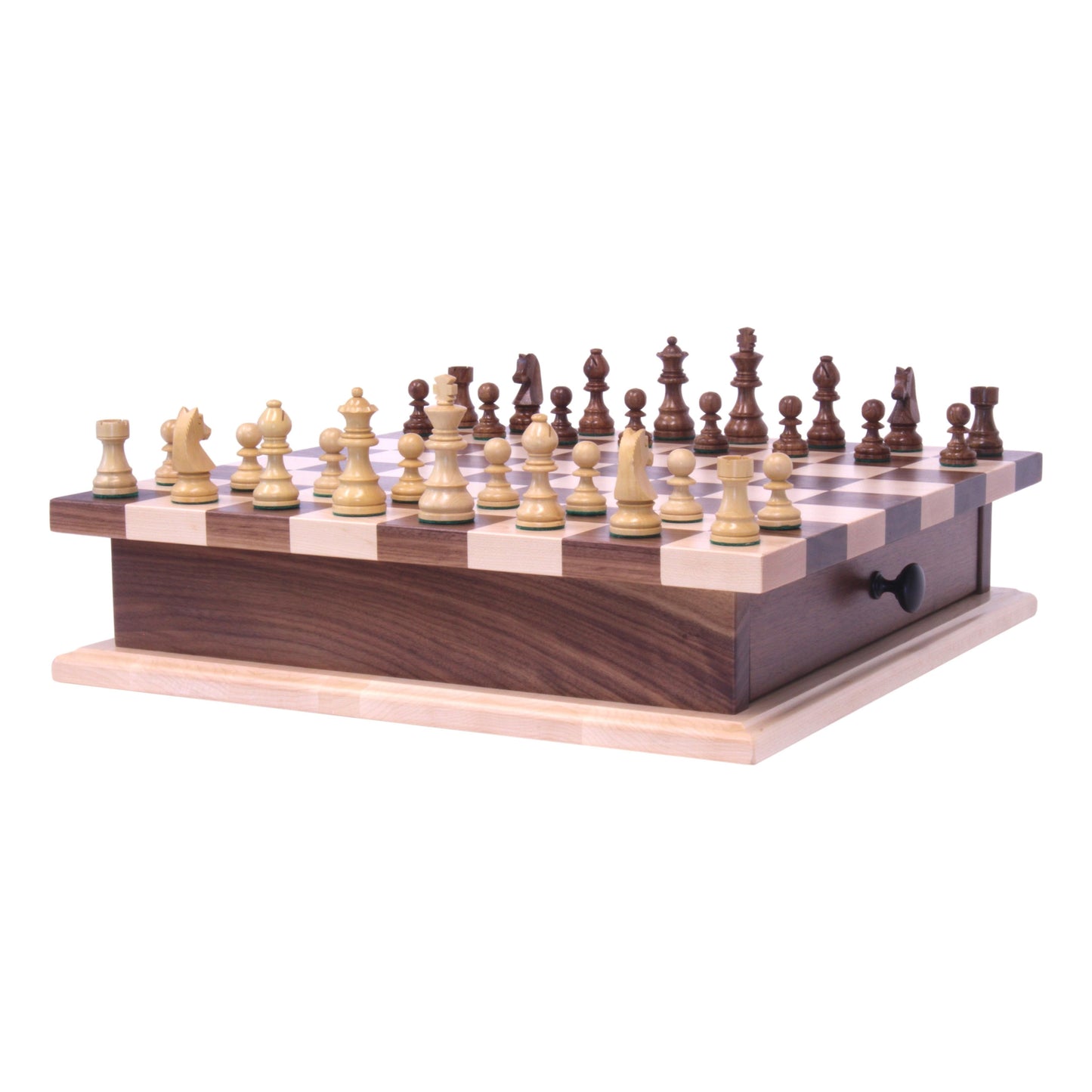 Wooden chess and checkers game board with pullout drawer, handcrafted AmishToyBox.com wooden toy set for kids and family fun.