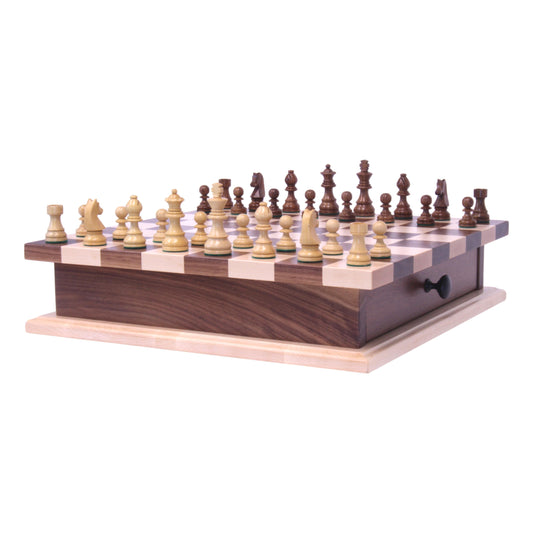 Wooden chess and checkers game board with pullout drawer, handcrafted AmishToyBox.com wooden toy set for kids and family fun.