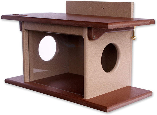 Amish-made squirrel corn feeder mounted on a wooden post, made of durable poly lumber for wildlife feeding.
