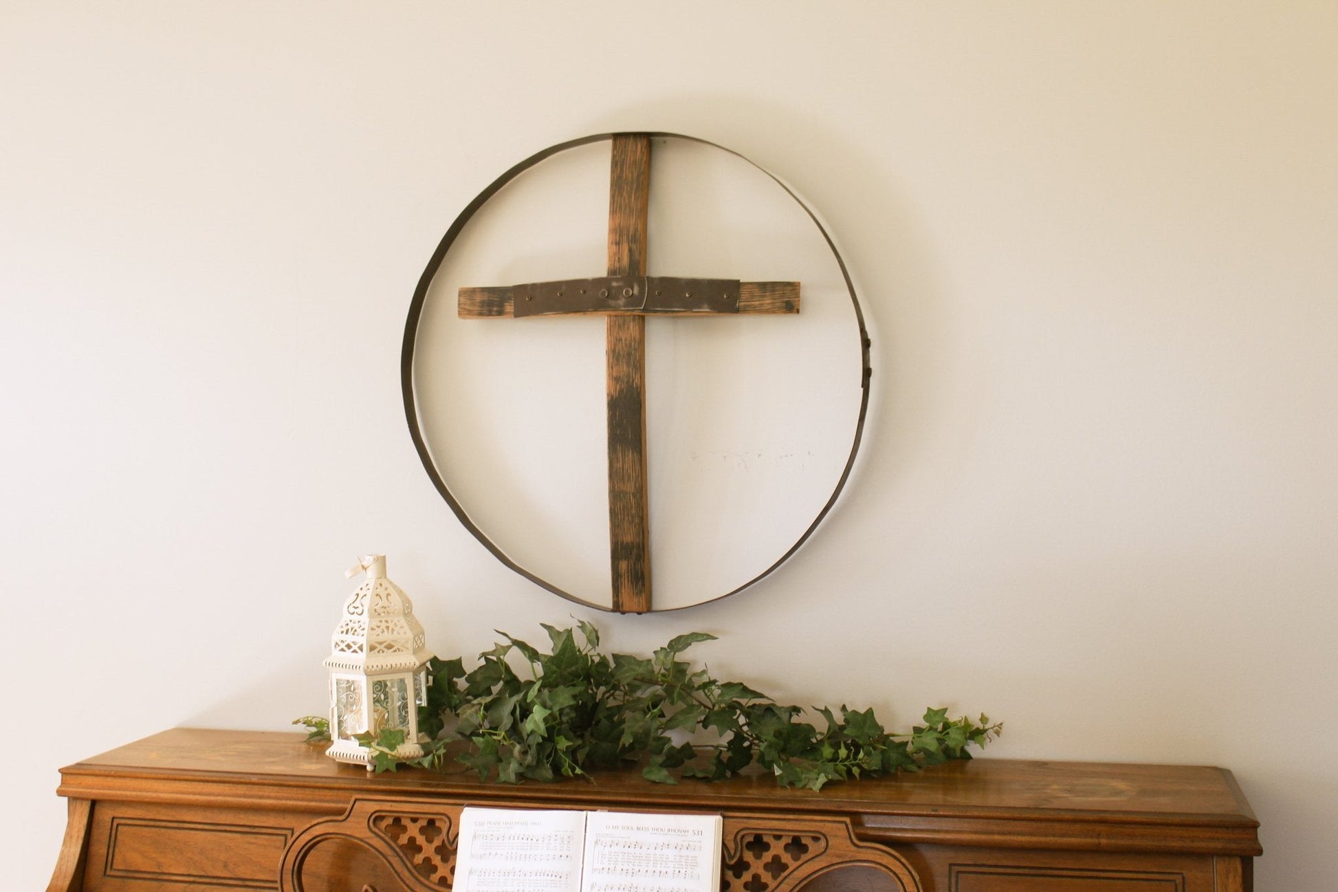 Rustic reclaimed barrel cross wall art, 23-inch diameter religious decor, Amish-made wooden wall art piece.
