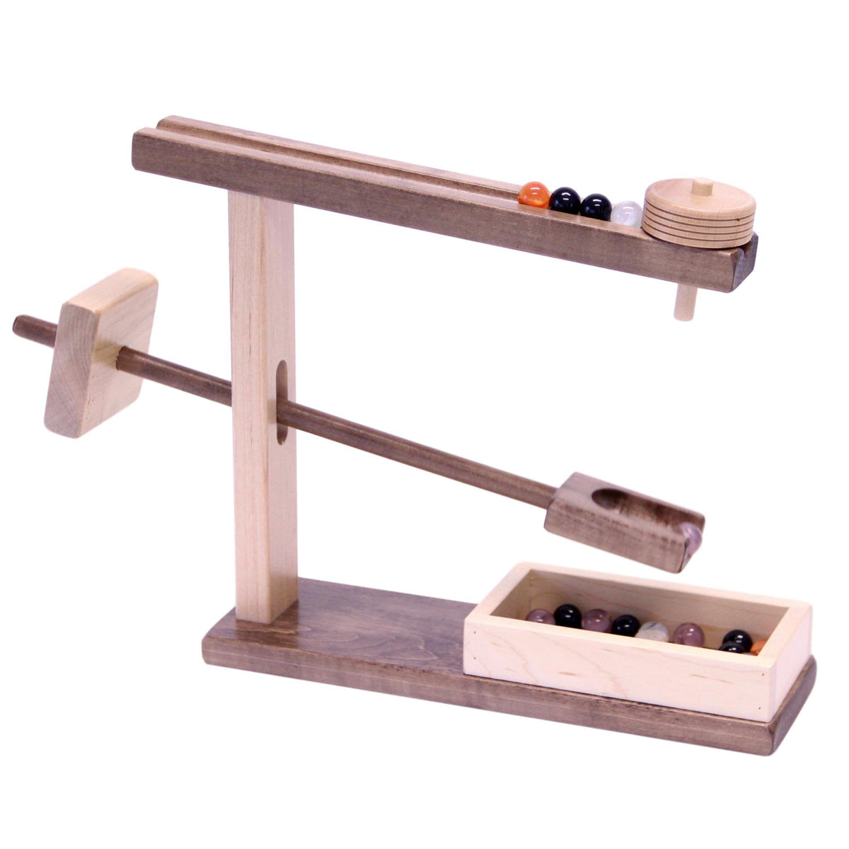 Amish-made wooden marble roller toy with maple and walnut finish, featuring colorful marbles and a child-safe design.