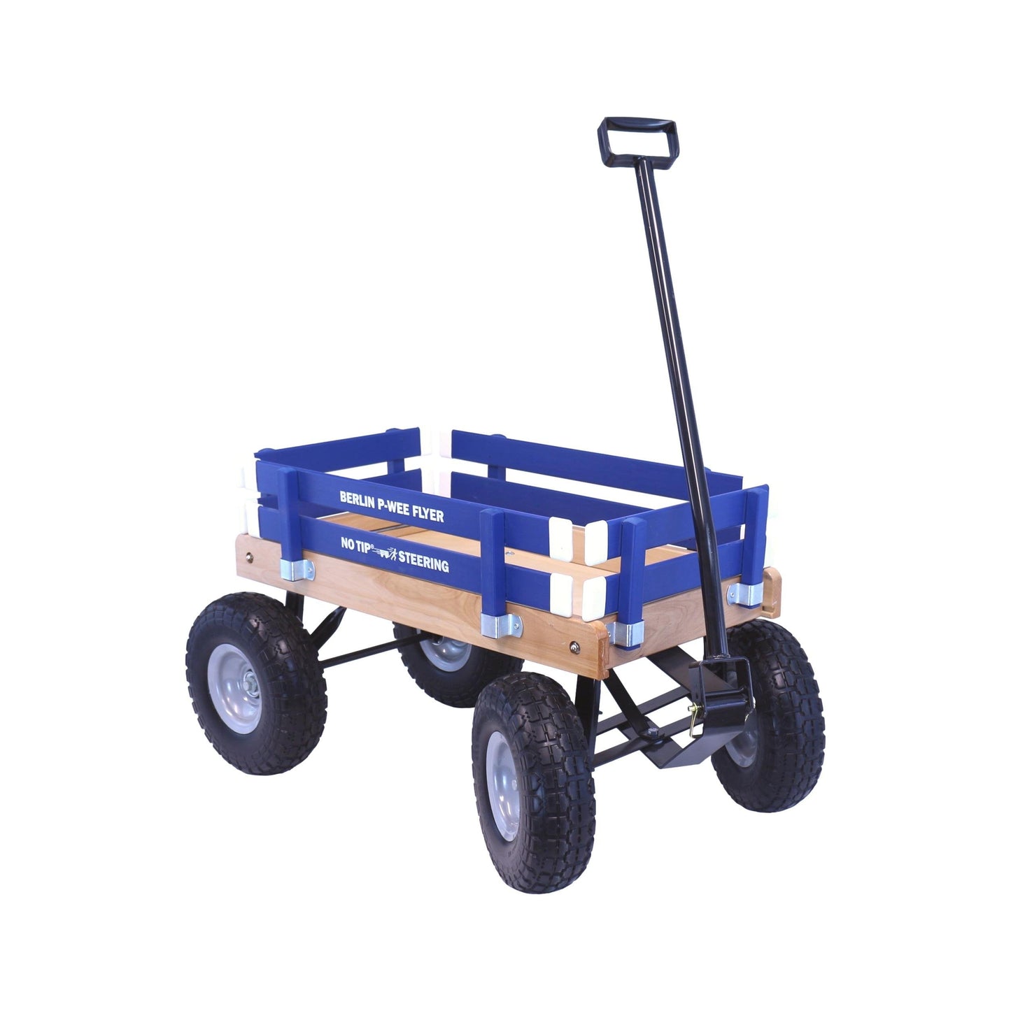 Amish-made Berlin Big-Foot Kid's Wagon Model F300 pull-behind wagon with wooden construction and sturdy wheels, suitable for children.