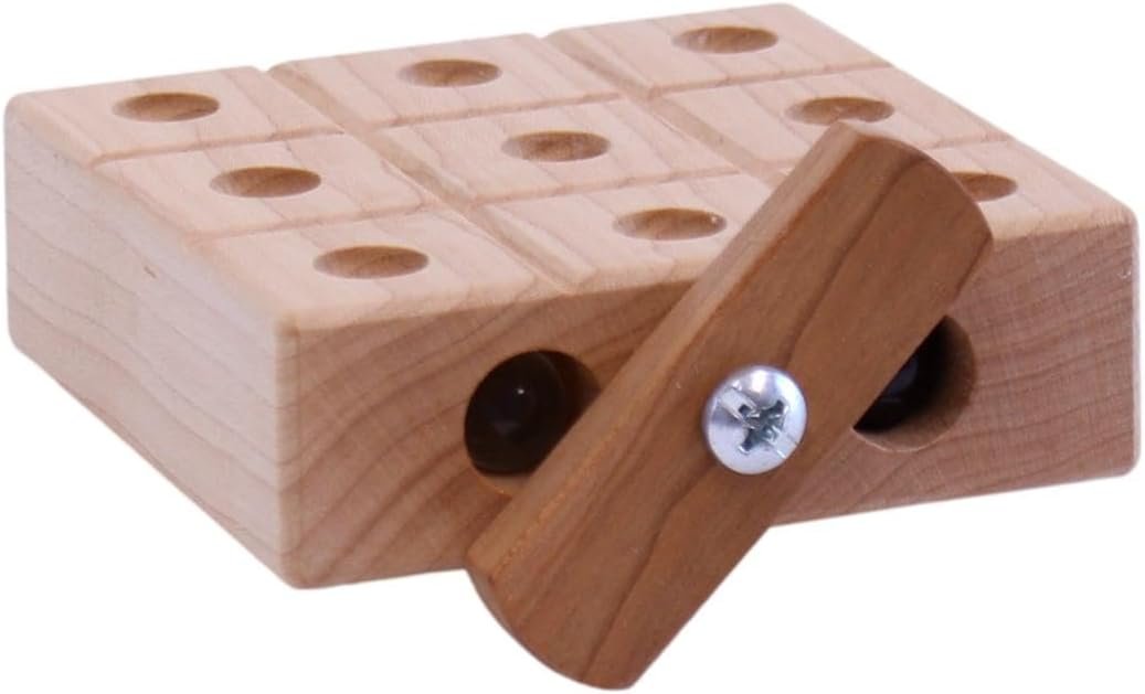 Wooden marble tic tac toe game with built-in storage, made of polished wood, featuring a grid and marbles for classic gameplay.