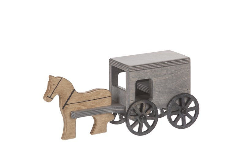 Amish-made wooden horse and buggy penny piggy bank, handcrafted wooden toy for children, featuring detailed horse and buggy design.
