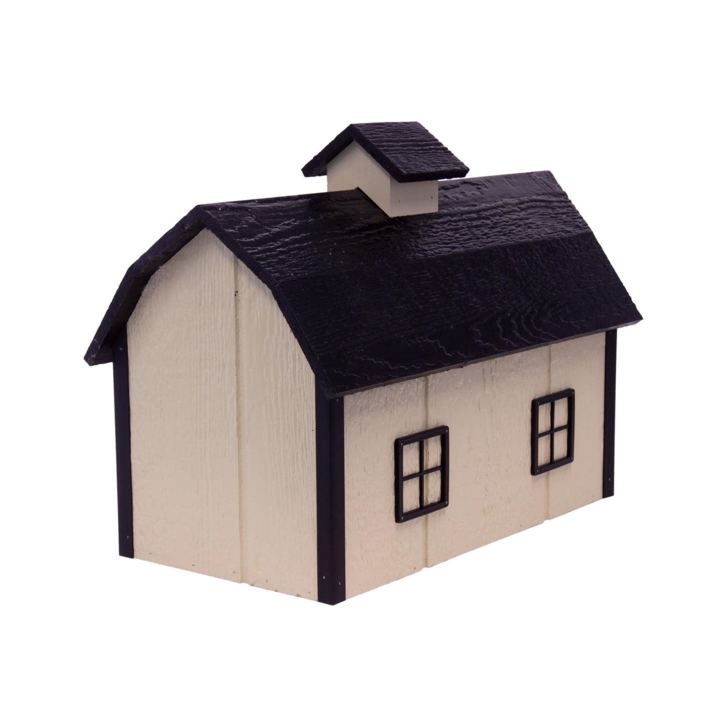 Amish-made wooden Dutch barn style mailbox mounted on a post, crafted from durable wood for outdoor home improvement.