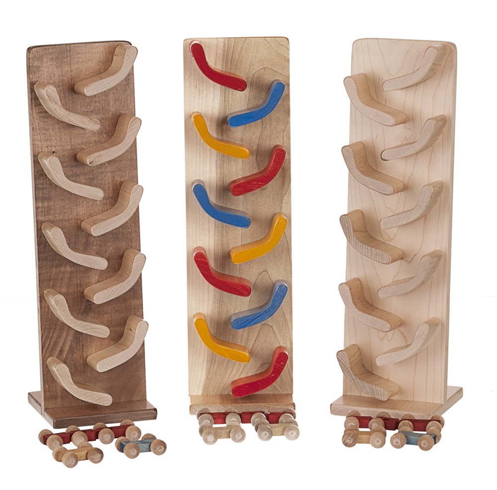 Amish-made mini wooden car roller toy with colorful mini cars included, perfect for children’s imaginative play.