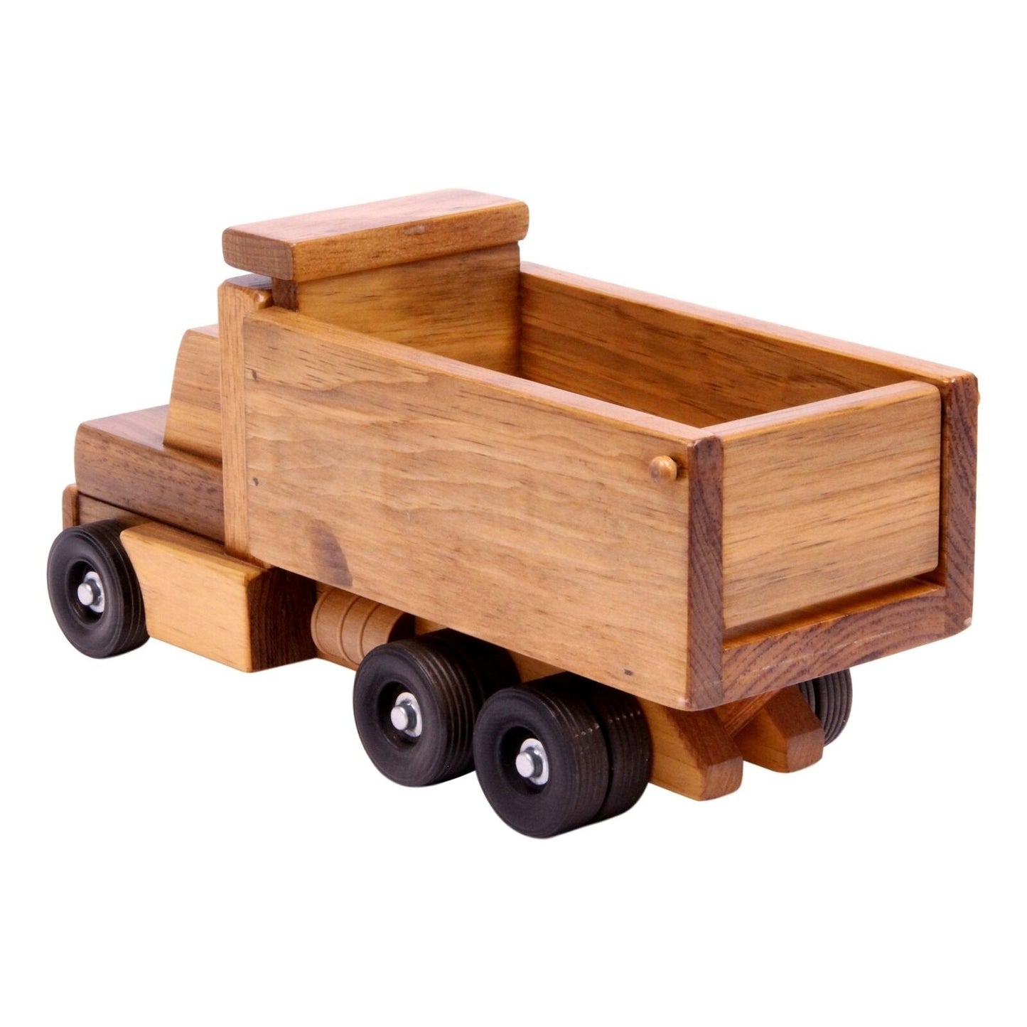 Amish-made wooden toy dump truck with kid-safe finish, part of wooden trucks and trains collection, featuring natural wood and detailed design.