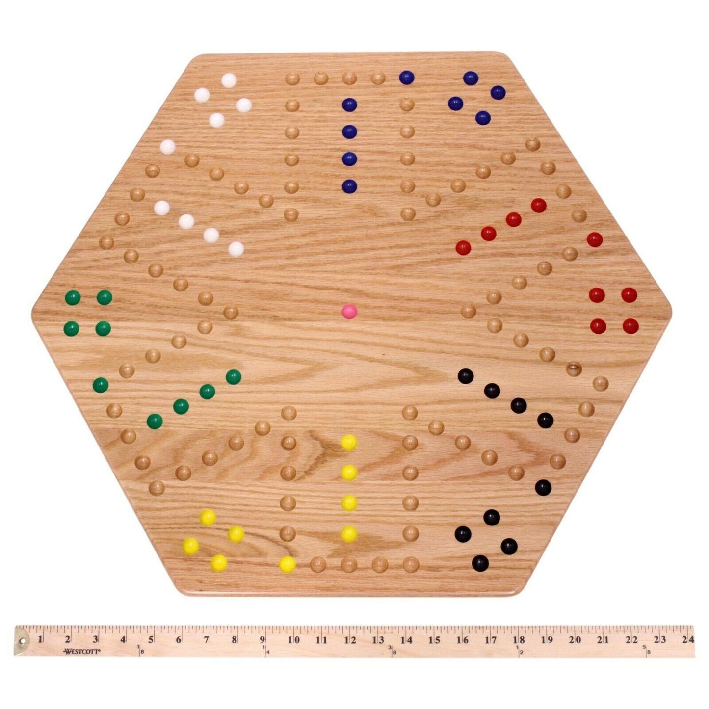 Hand-painted Aggravation Wahoo marble board game, double-sided wooden toy with colorful marble pathways, crafted by AmishToyBox.com
