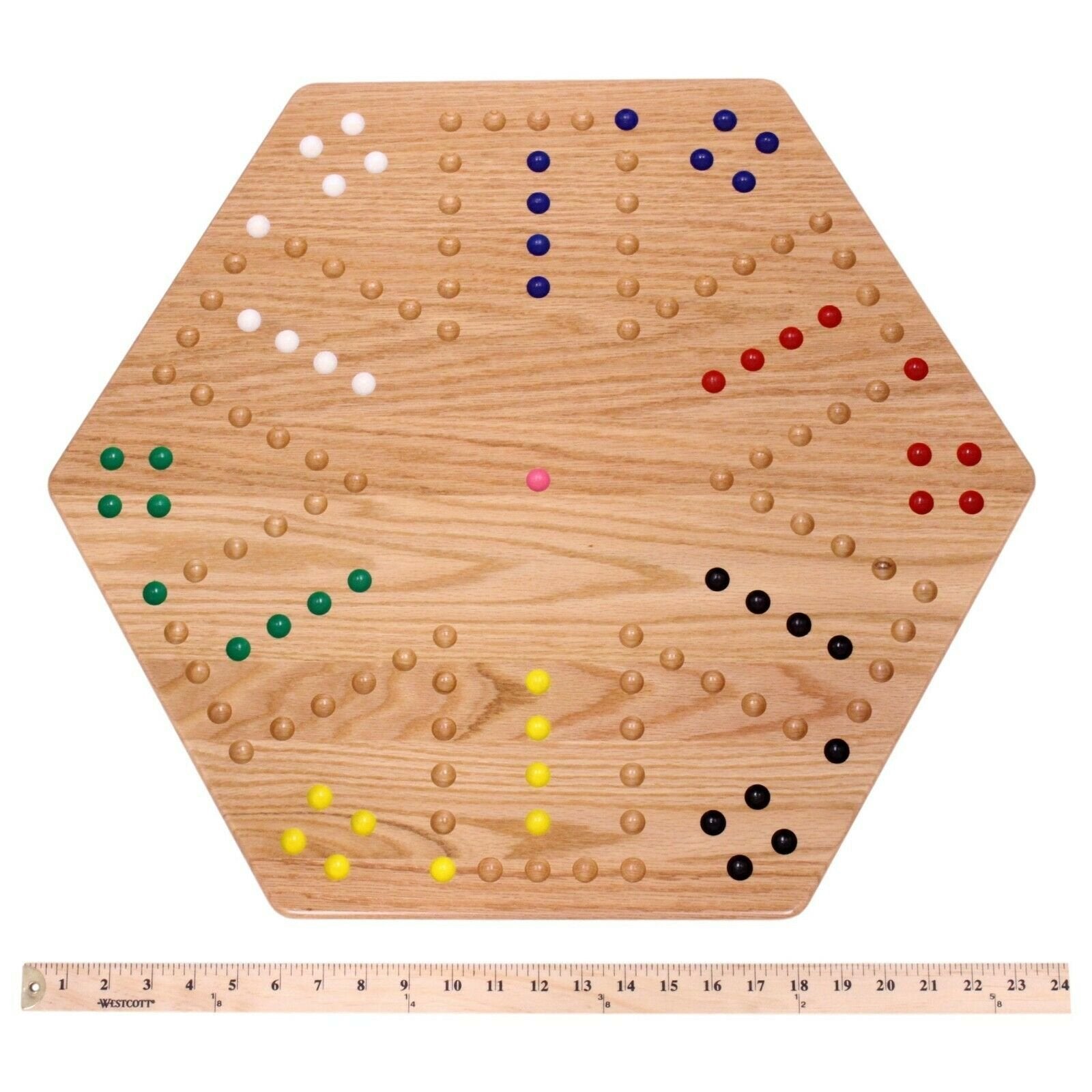 Hand-painted Aggravation Wahoo marble board game, double-sided wooden toy with colorful marble pathways, crafted by AmishToyBox.com