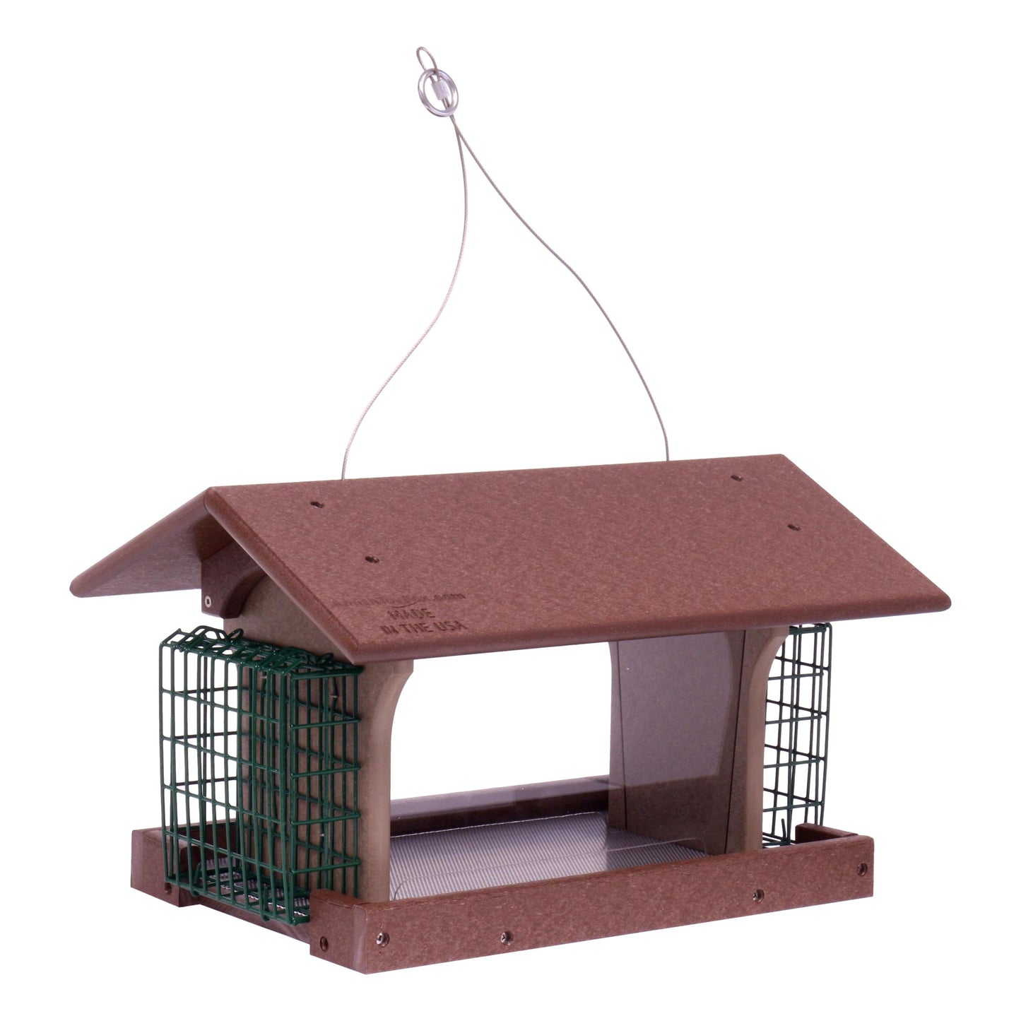 Amish-made deluxe bird feeder with suet holder, crafted from durable poly lumber, designed for outdoor birdwatching.