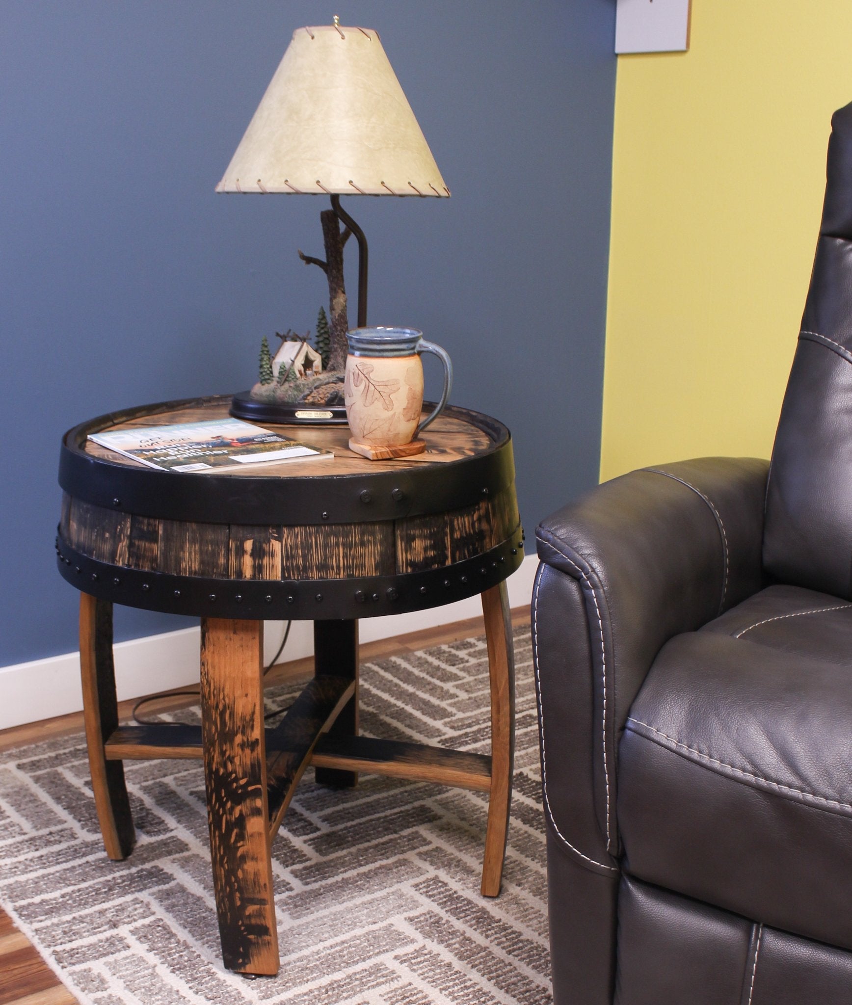 Amish-made rustic barrel-top end table with reclaimed whiskey barrel wood and metal barrel rings, handcrafted by AmishToyBox.com