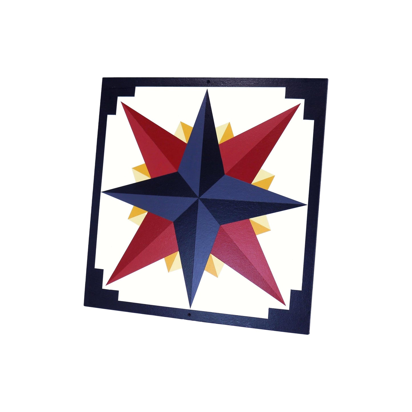 Hand-painted barn quilt featuring a Mariner's Compass design in golden abyss colors, perfect for lawn and patio decor.