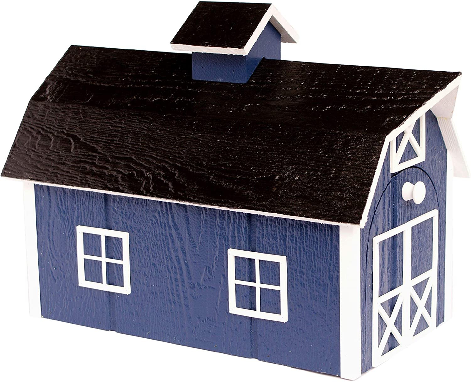 Amish-made wooden Dutch barn style mailbox mounted on a post, crafted from natural wood with decorative hardware.