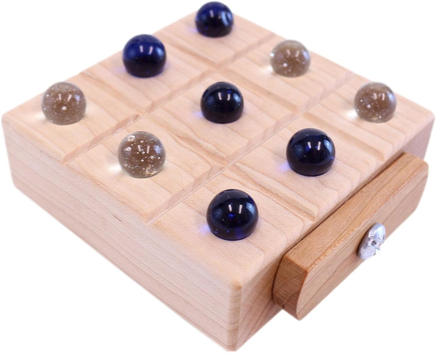 Wooden Tic Tac Toe game by AmishToyBox.com featuring marble storage and a classic wooden design for kids' play.