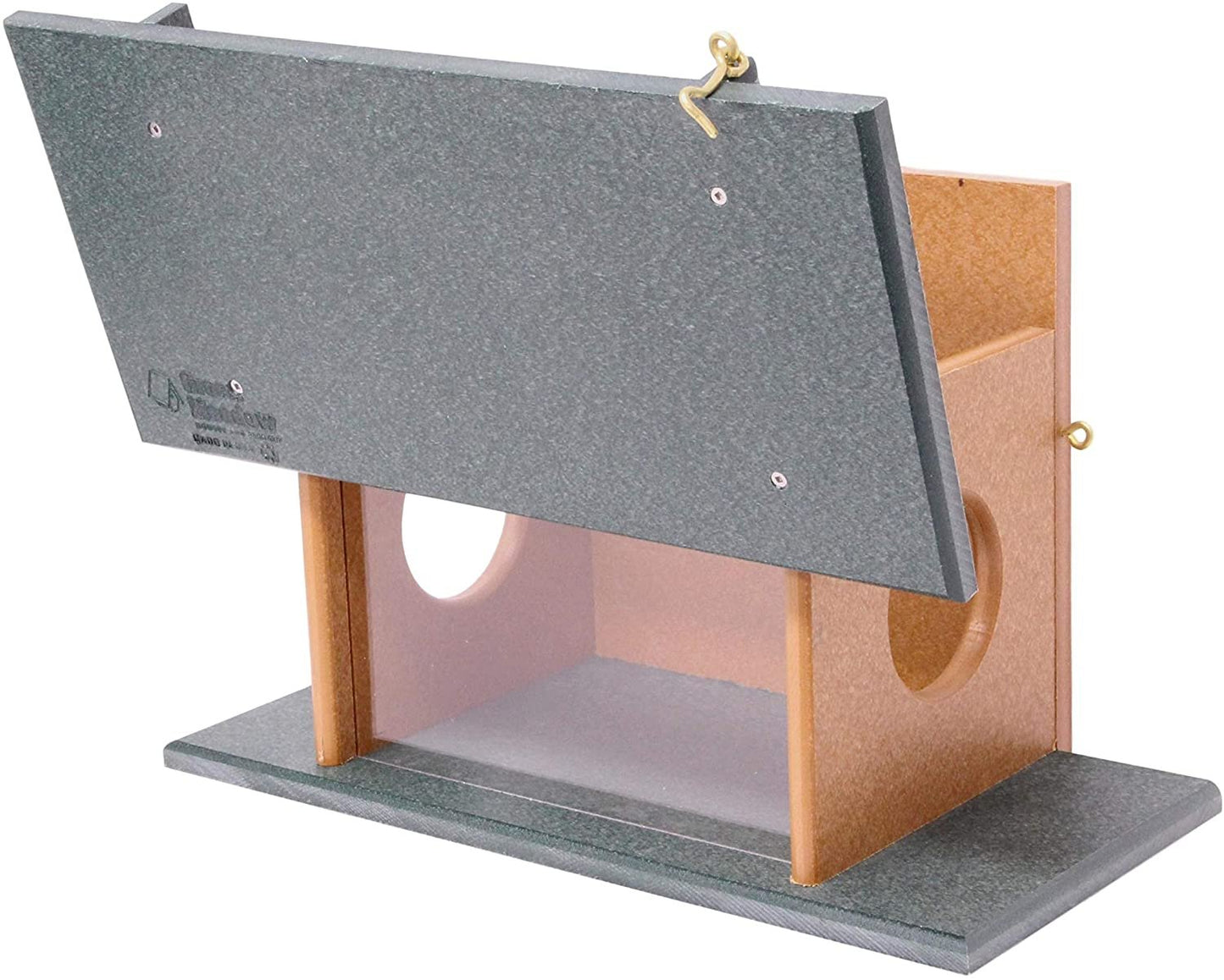 Amish-made squirrel corn feeder mounted on a post, made of durable poly lumber for wildlife feeding.