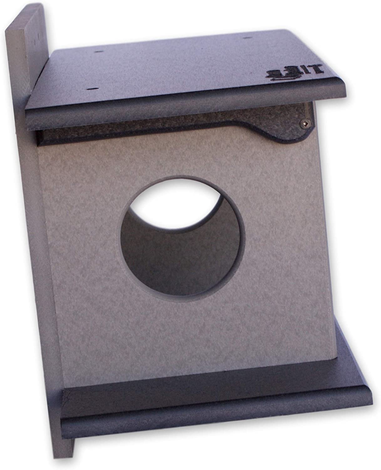 Amish-made squirrel corn feeder mounted on a post, made from durable poly lumber, designed for outdoor wildlife feeding.