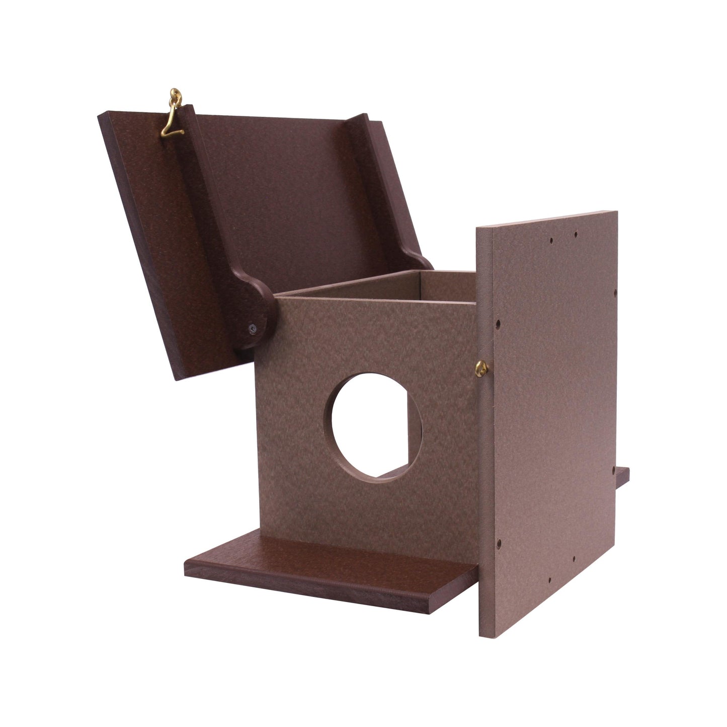 Amish-made squirrel corn feeder mounted on a post, made of durable poly lumber, designed for wildlife feeding and squirrel viewing.