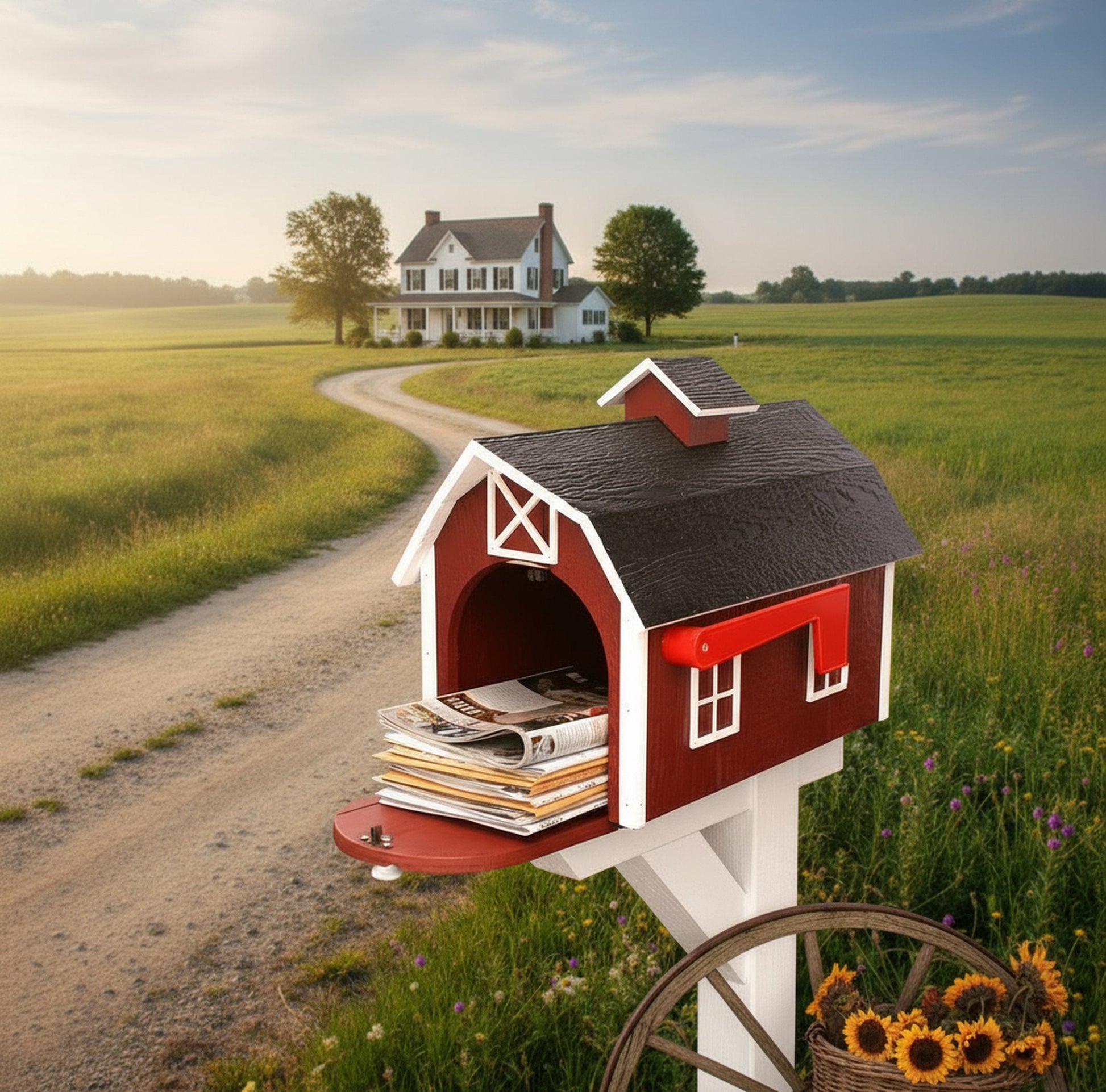 Amish-made wooden Dutch barn style post-mount mailbox with natural wood finish, decorative design, and sturdy construction.