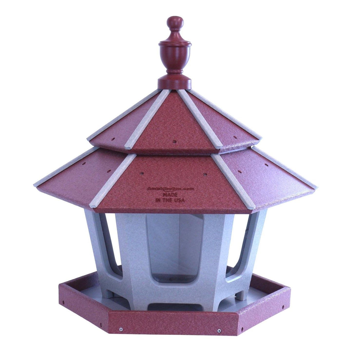 AmishToyBox.com gazebo bird feeder with triple compartments, post-mount design for outdoor lawn and patio bird feeding.