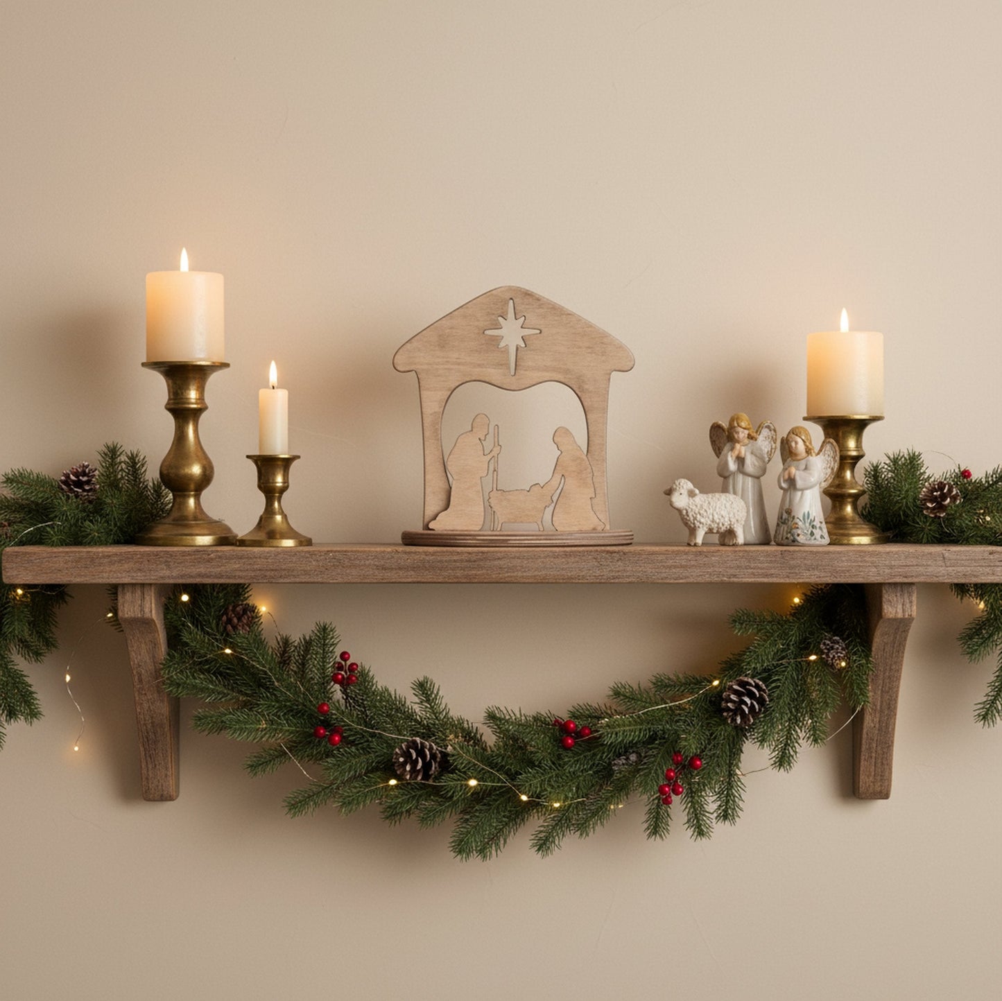 Wooden nativity scene with figures of Mary, Joseph, and baby Jesus for Christmas mantel or shelf display, crafted by AmishToyBox.com