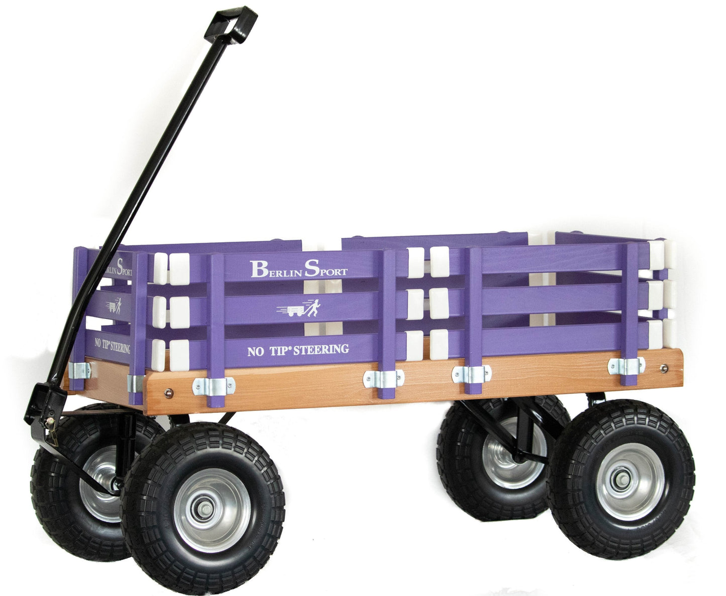 Amish-made Berlin Flyer Sport Wagon Model F410, a durable children's scooter and wagon with wooden handle and metal frame.