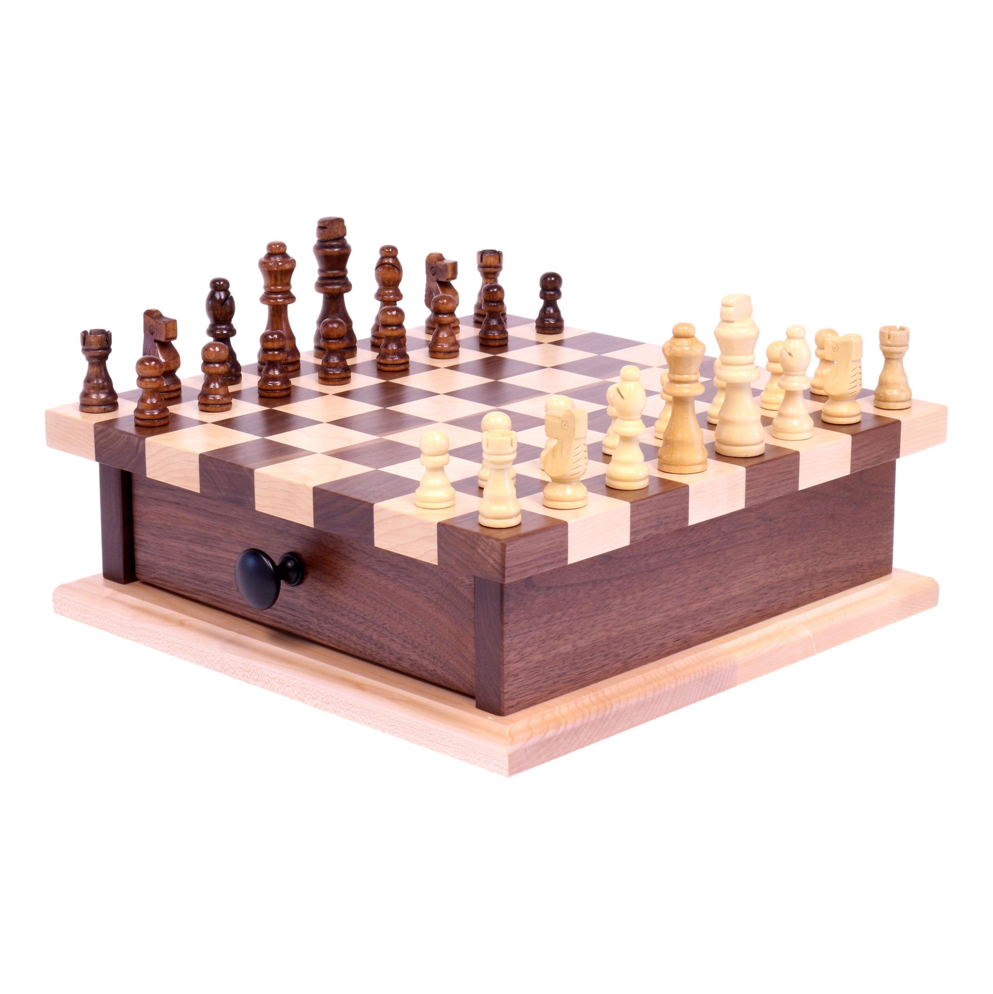 Wooden chess and checkers game board with pullout drawer, AmishToyBox.com wooden toys and puzzles set for family fun.