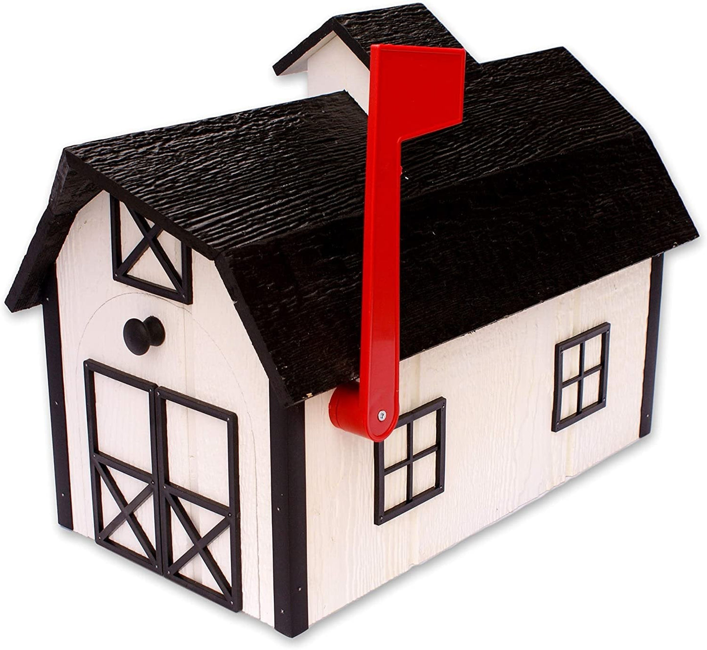 Amish-made wooden Dutch barn style mailbox mounted on post, crafted for durability and classic rural home charm.
