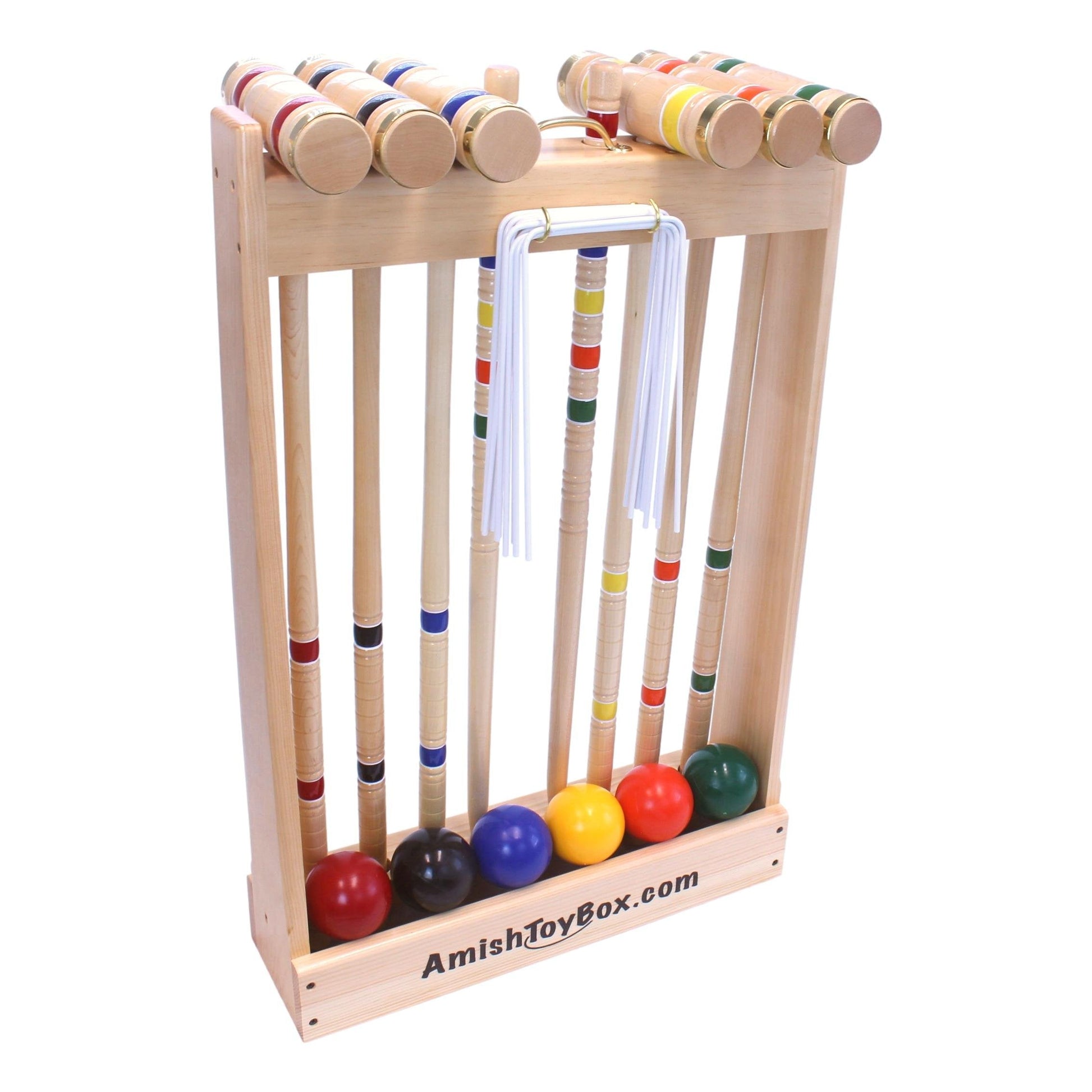 Amish-made Deluxe Croquet Game Set for 6 players with wooden mallets and balls, stored in a wooden holder, suitable for outdoor play.