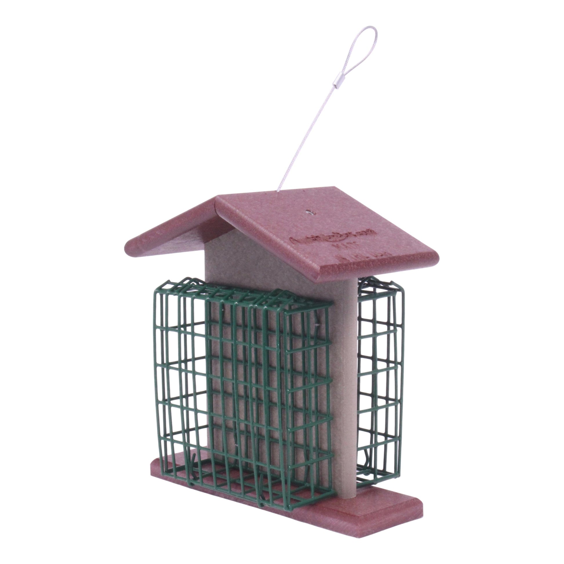 Amish-made double suet-cake bird feeder with poly lumber, designed for attracting woodpeckers and small birds.