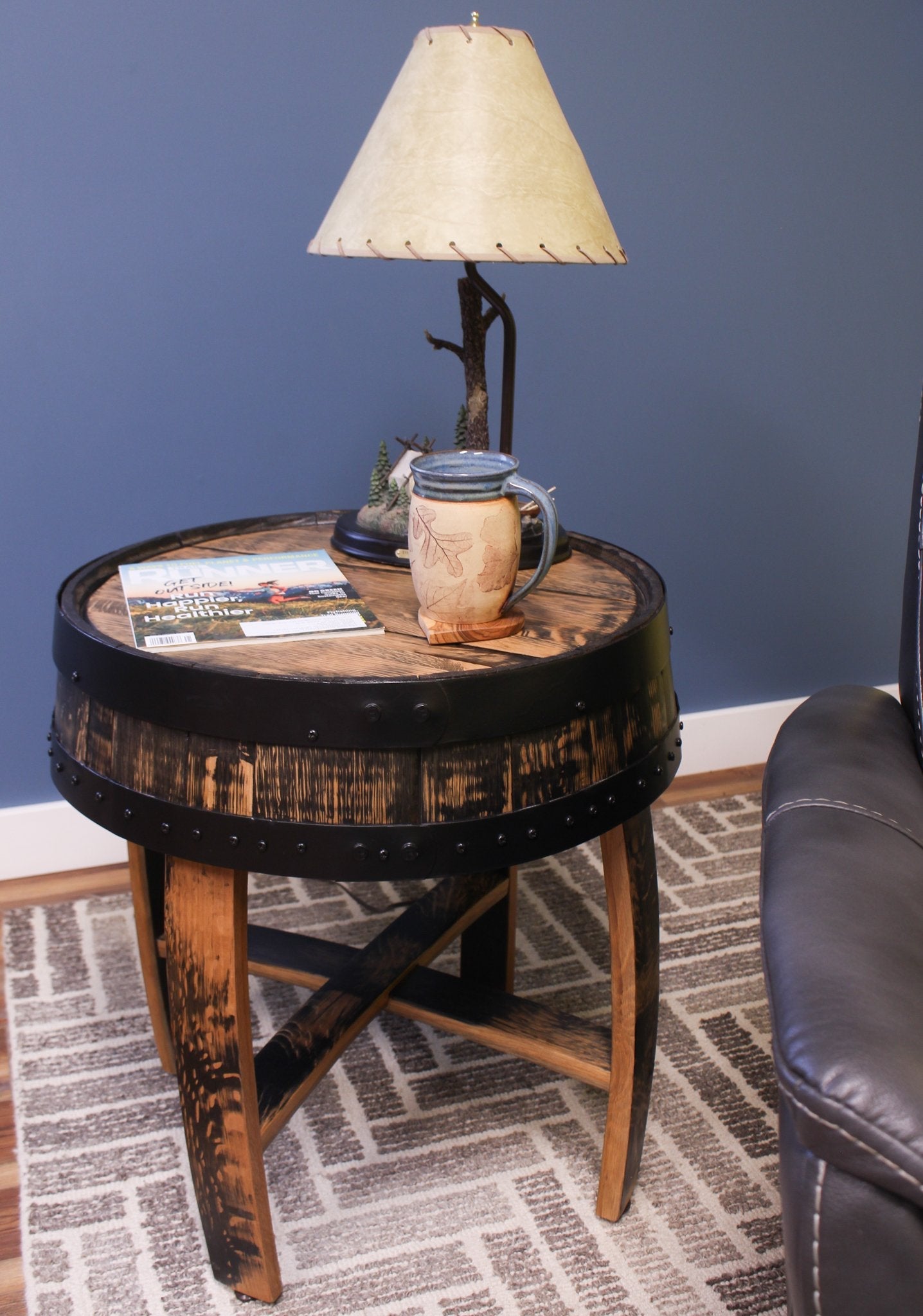 Amish-made rustic barrel-top end table with reclaimed whiskey barrel wood and decorative barrel rings, handcrafted rustic furniture.