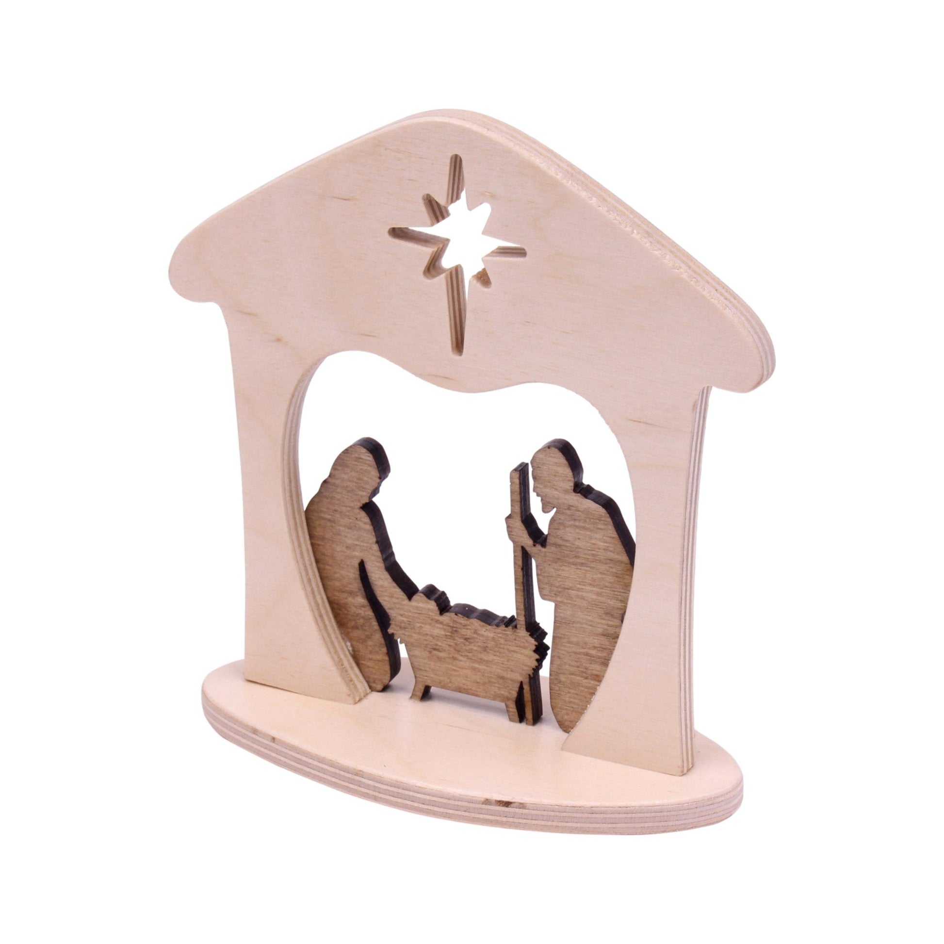 Wooden nativity scene with Mary, Joseph, and baby Jesus figurines, perfect for Christmas mantel or shelf display.