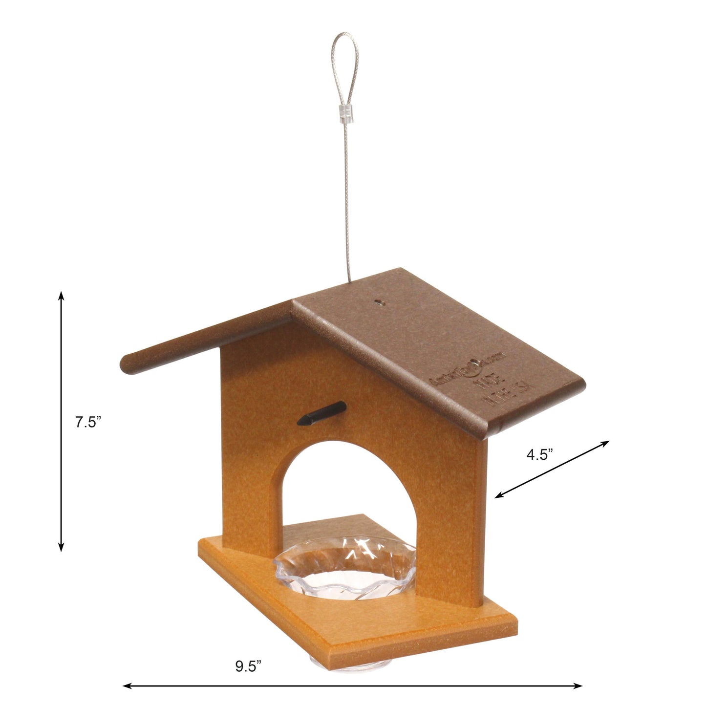Eco-friendly AmishToyBox.com hanging oriole bird feeder made of poly lumber with jelly and orange accents, designed for attracting orioles.