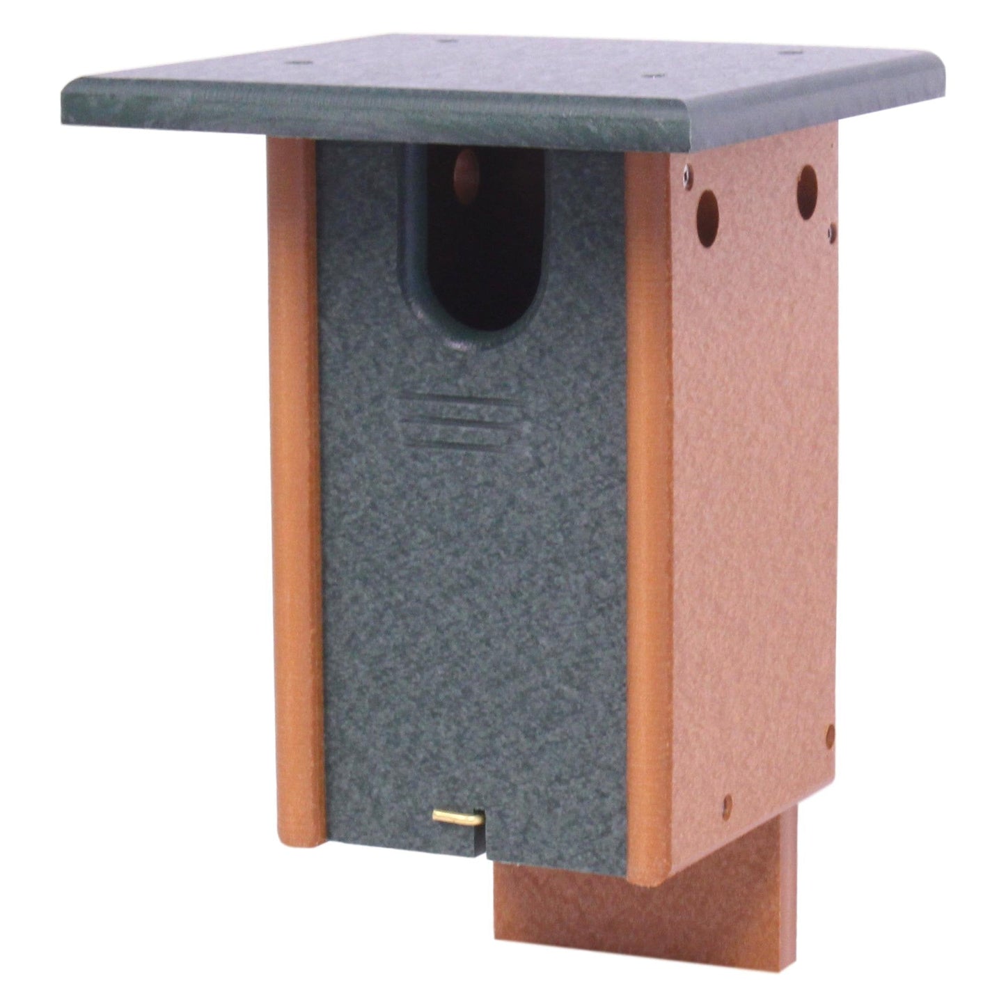 Amish-made bluebird house on a post, crafted from recycled poly lumber, designed for attracting and providing shelter for bluebirds.