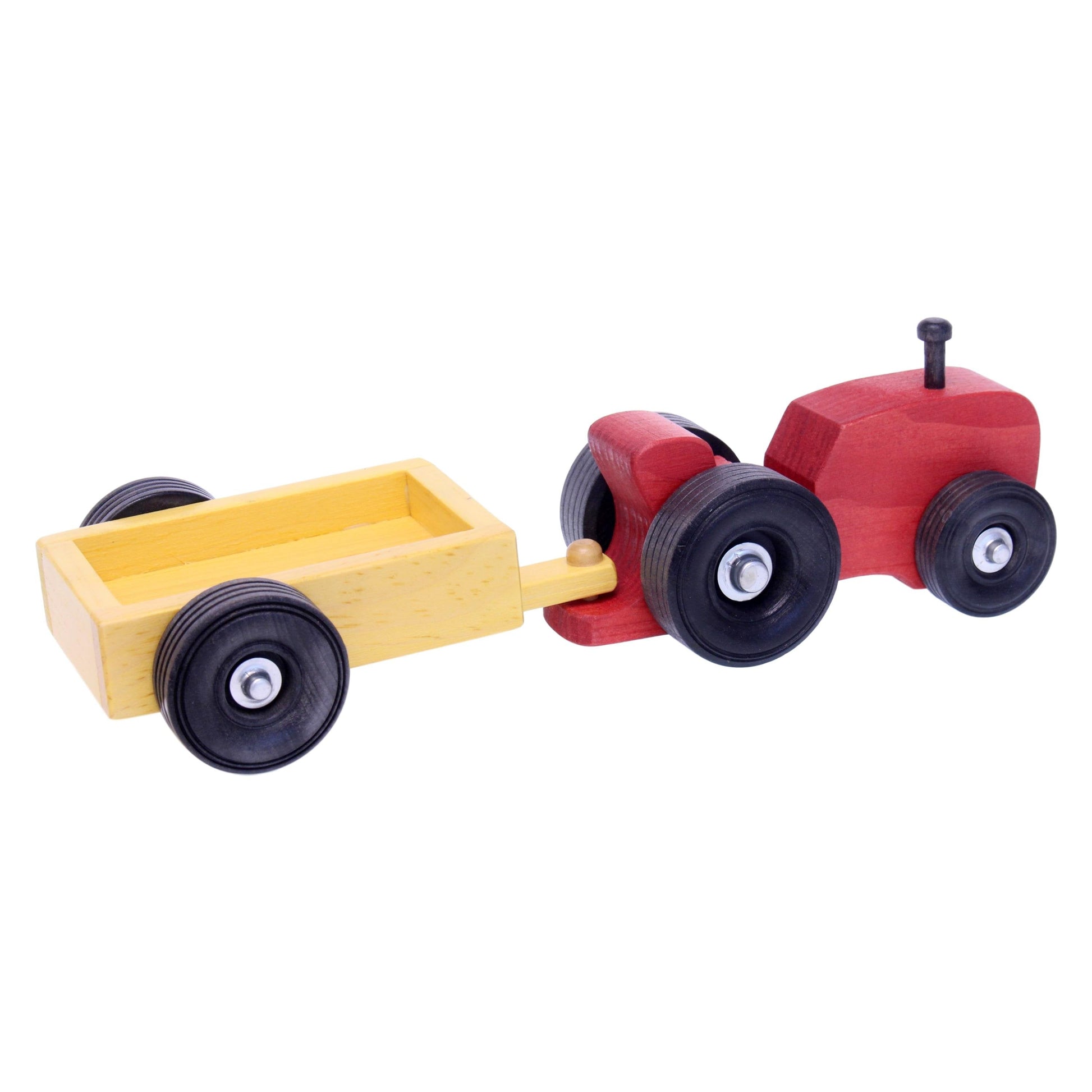Amish-made wooden toy tractor and wagon set for farming play, featuring small, detailed farm vehicle toys.