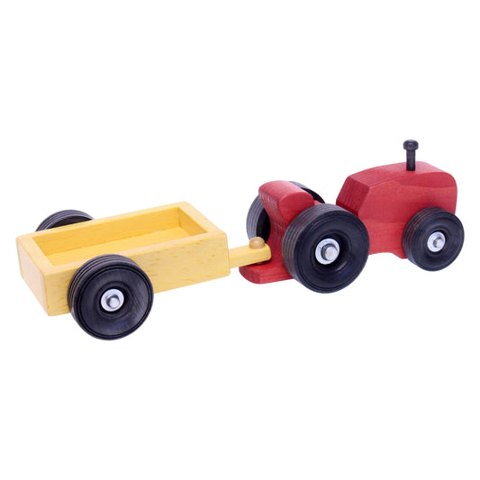 Amish-made wooden toy tractor and wagon set for farming play, featuring small, detailed farm vehicle toys.