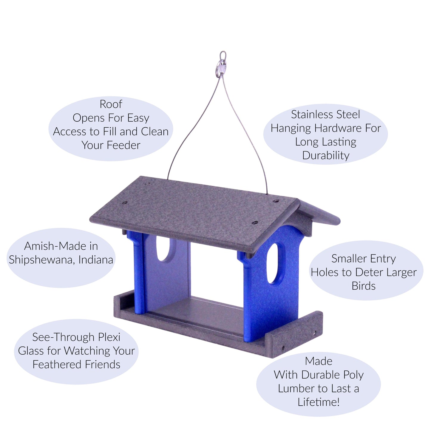 Amish-made bluebird feeder with poly lumber, designed for feeding mealworms, ideal for attracting bluebirds and small songbirds.