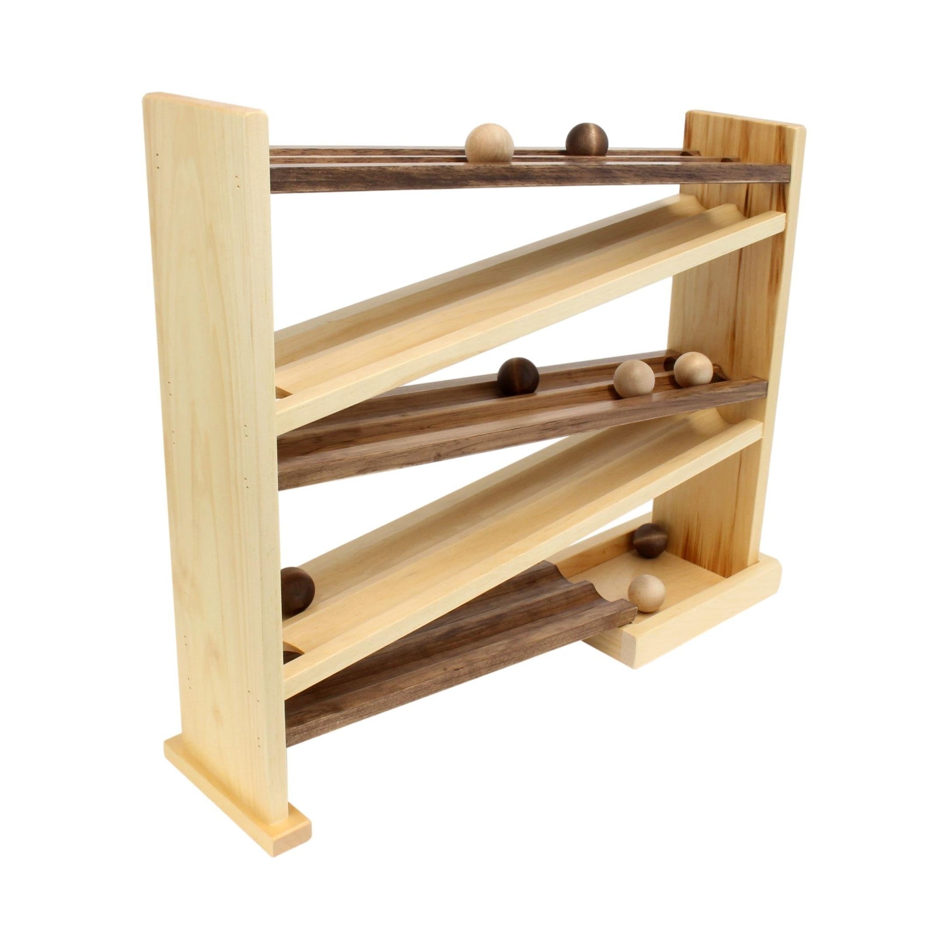 Amish-made wooden ball roller racetrack toy with 8 colorful wooden balls on a smooth wooden track.
