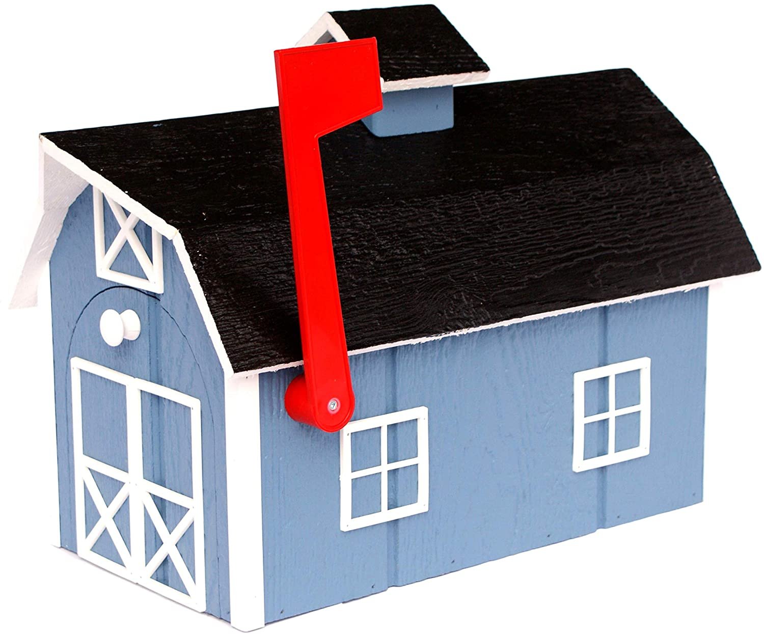 Amish-made wooden Dutch barn style mailbox mounted on a post, crafted from durable wood for outdoor home improvement.