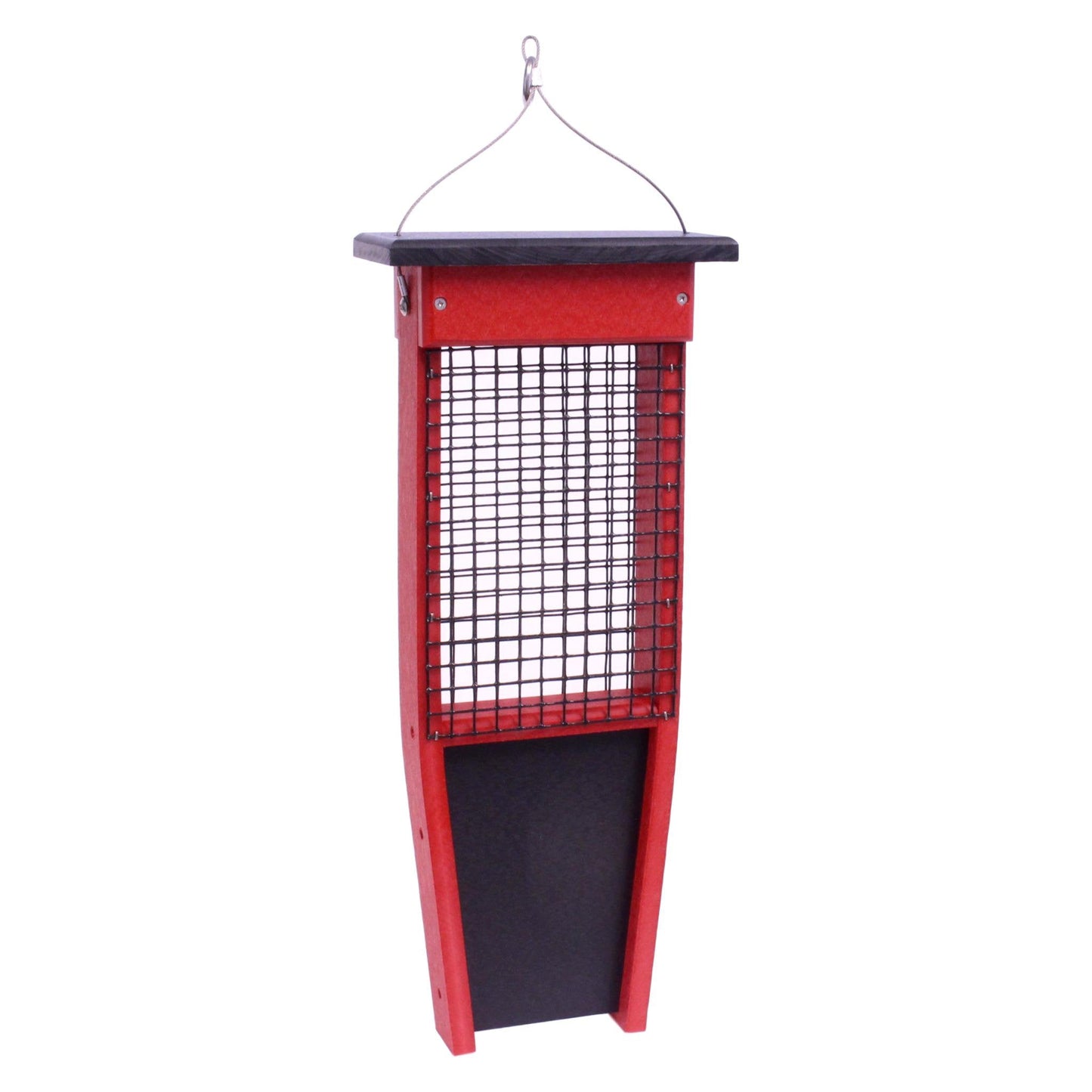 Pileated Woodpecker suet bird feeder by AmishToyBox.com holding two suet cakes, made of wood with perches for birds.