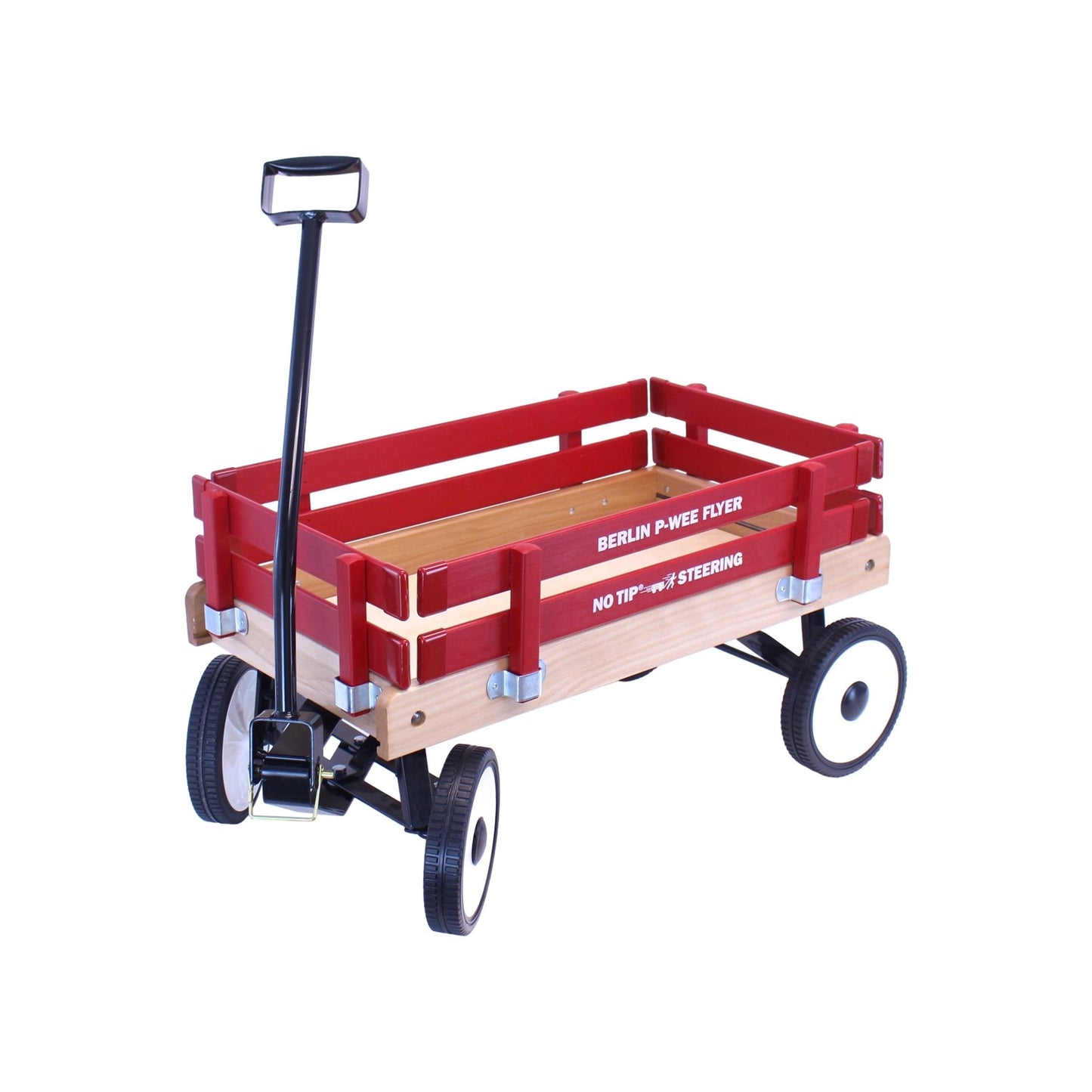 Amish-made Berlin P-Wee Wagon Model F257 in vibrant red with black wheels, designed for children, by AmishToyBox.com.