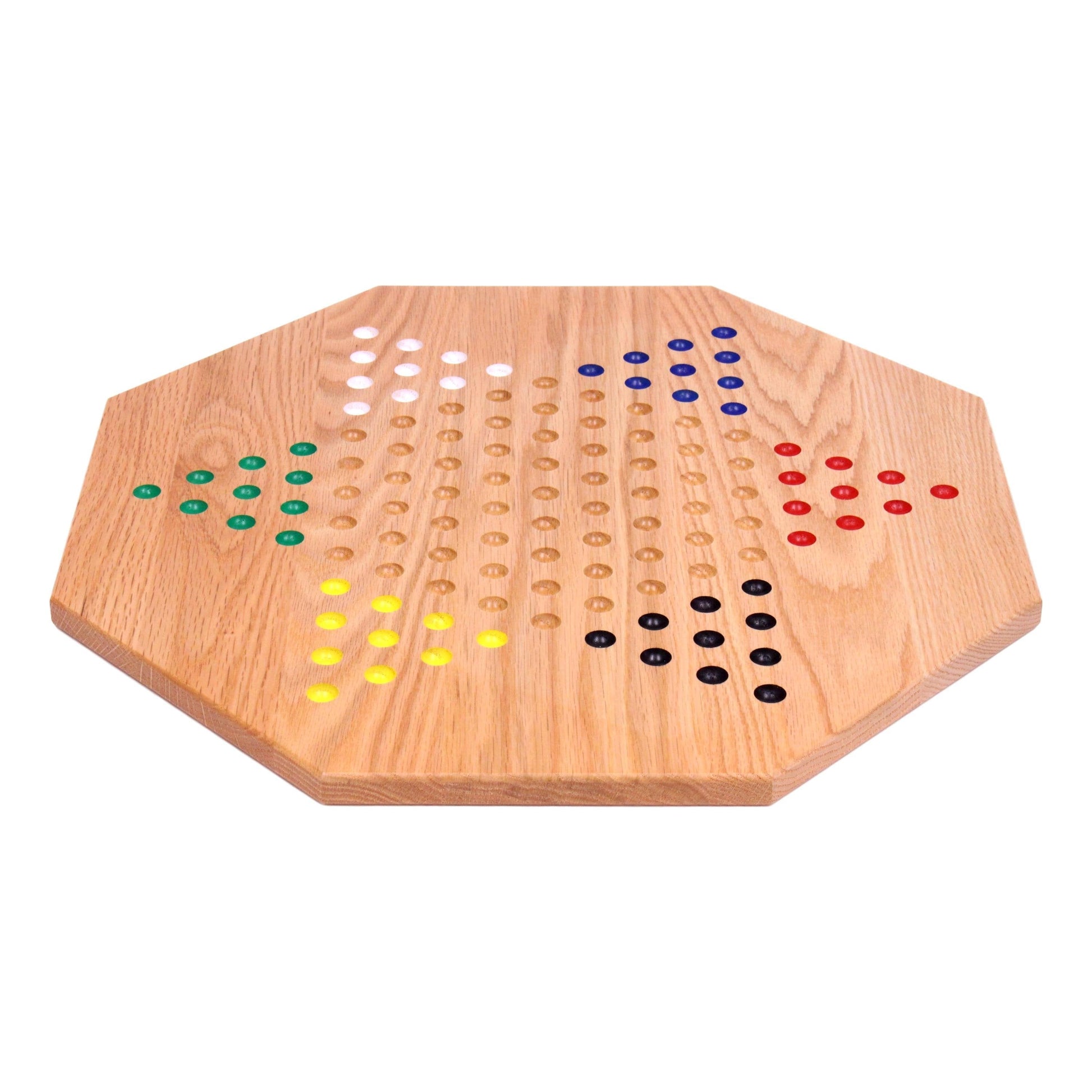 Hand-painted oak wooden Chinese checkers board game with colorful marbles, 19-inch wide, crafted by AmishToyBox.com for games and puzzles.