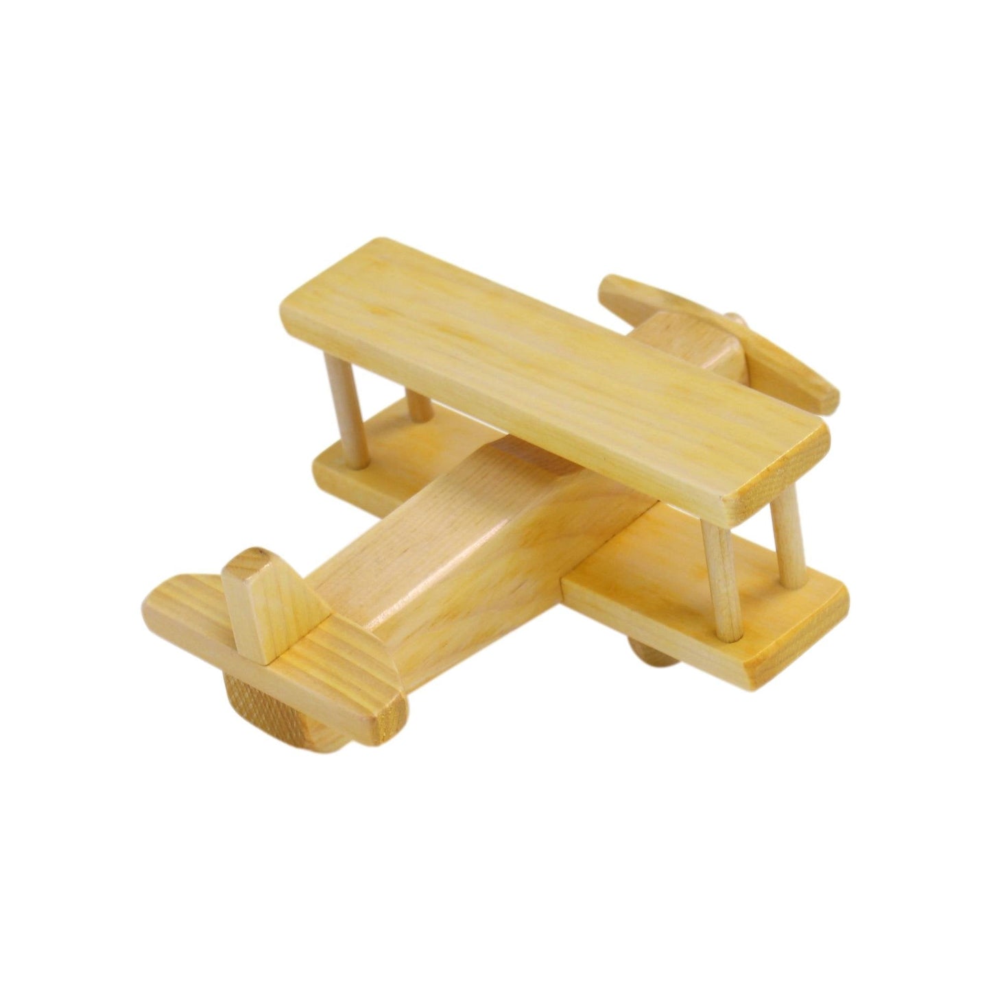 Wooden toy airplane with spinning propeller and kid-safe finish, handcrafted by AmishToyBox.com, suitable for children.