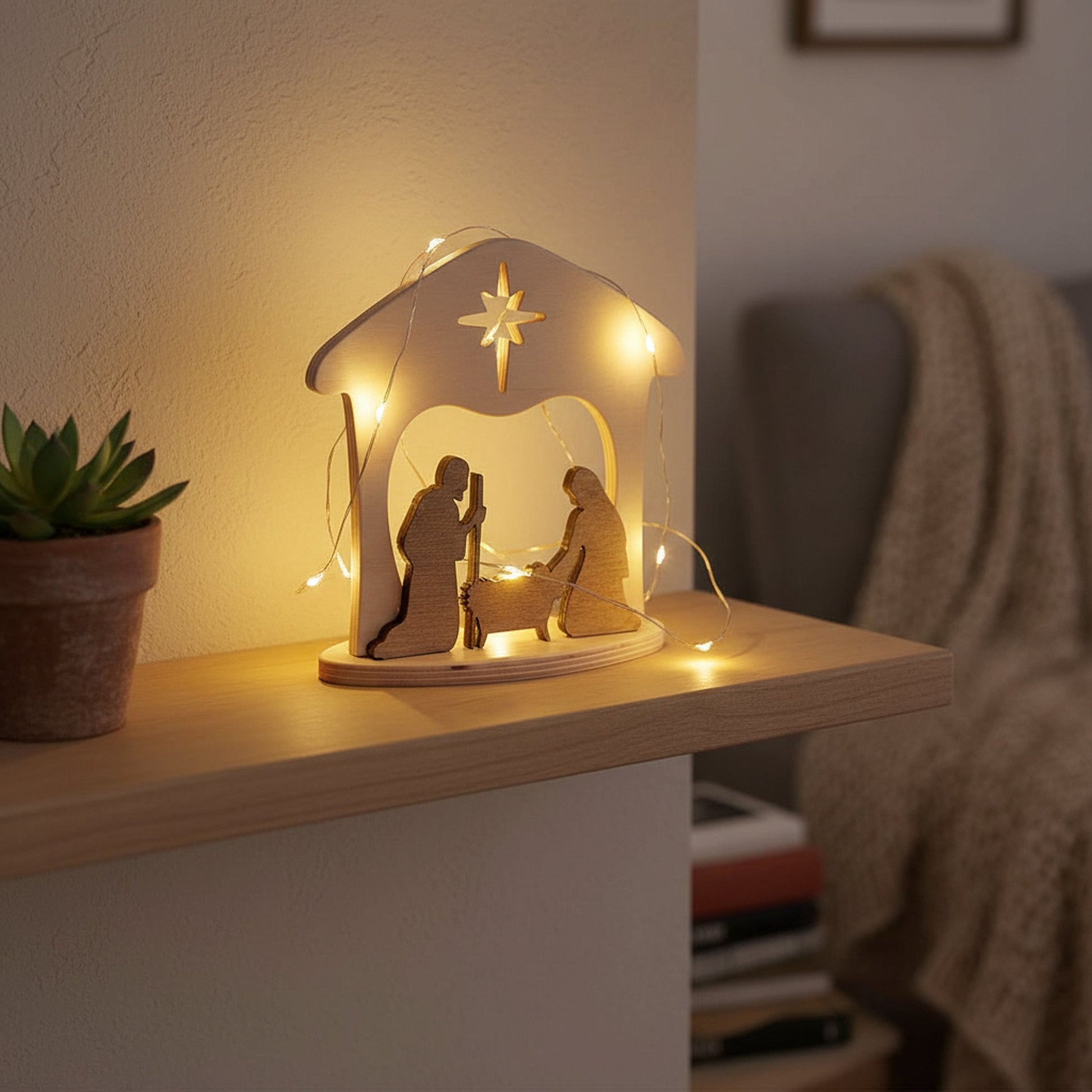 Wooden manger scene nativity set for Christmas, featuring a one-piece AmishToyBox.com nativity display on mantel or shelf.