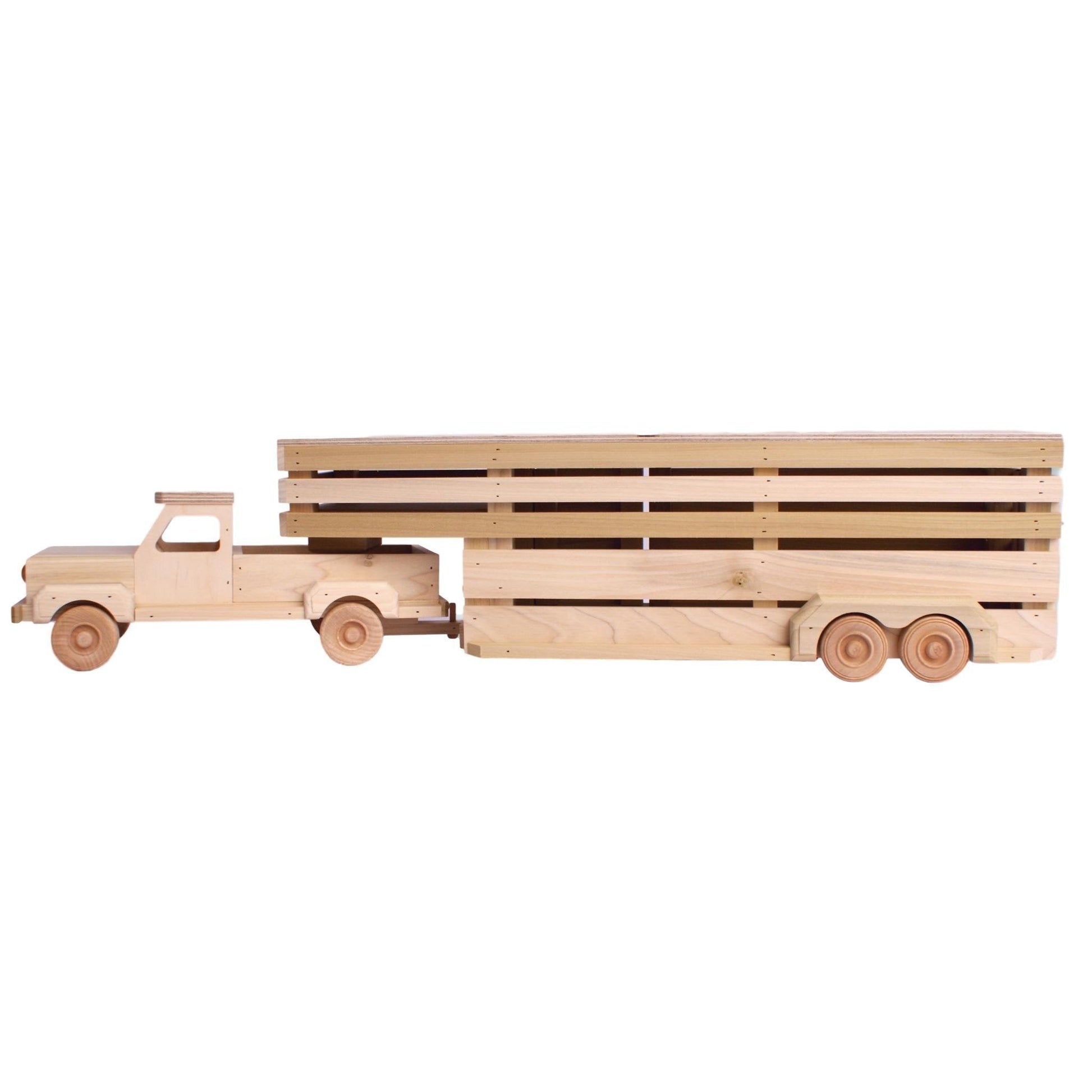 Amish-made wooden toy pickup truck with gooseneck trailer set, designed for farming play, by AmishToyBox.com