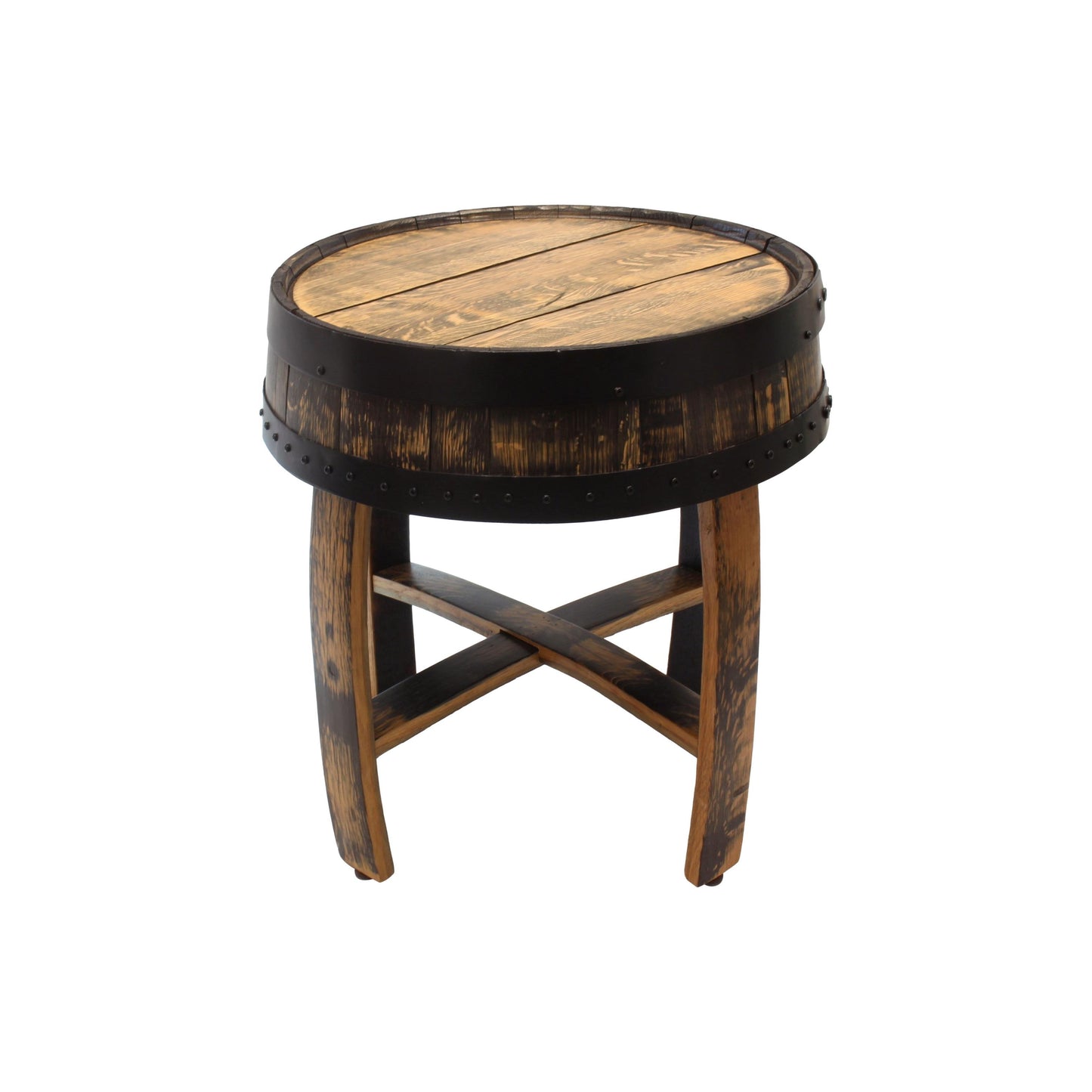 Amish-made rustic whiskey barrel end table with reclaimed wood and metal barrel rings, showcasing a sturdy, vintage-style design.