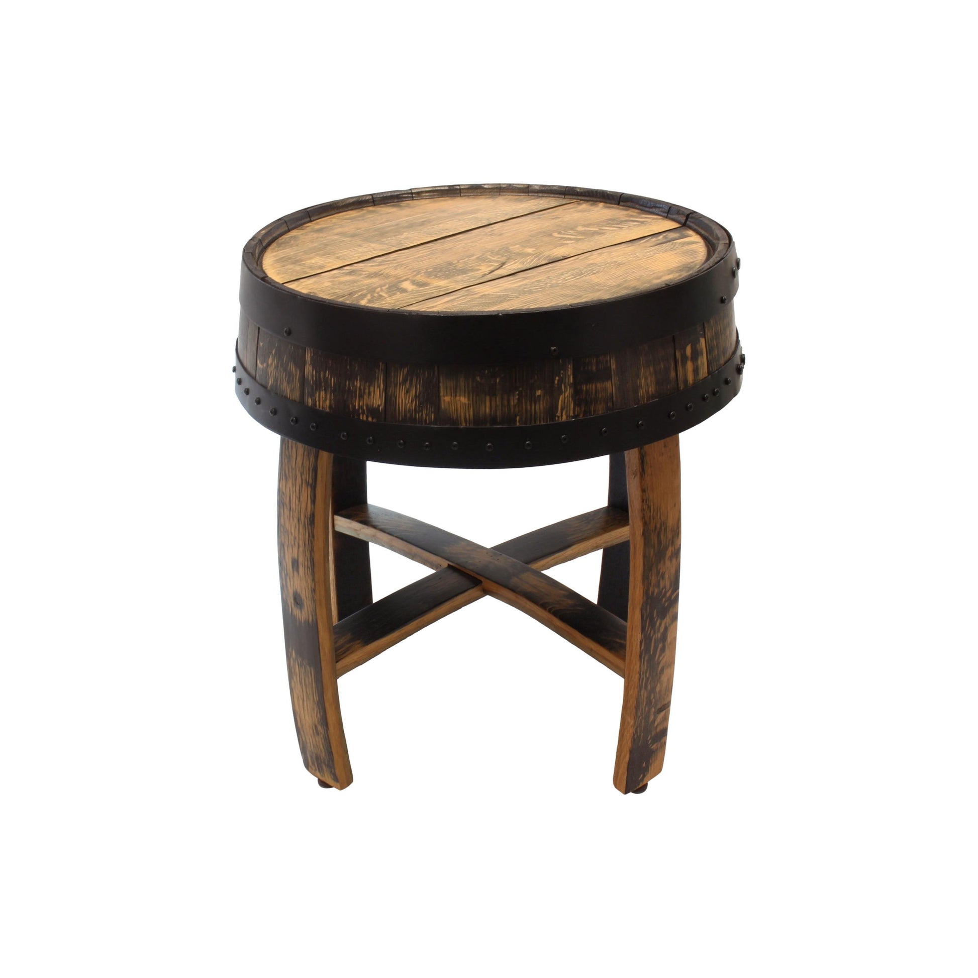 Amish-made rustic whiskey barrel end table with reclaimed wood and metal barrel rings, showcasing a sturdy, vintage-style design.